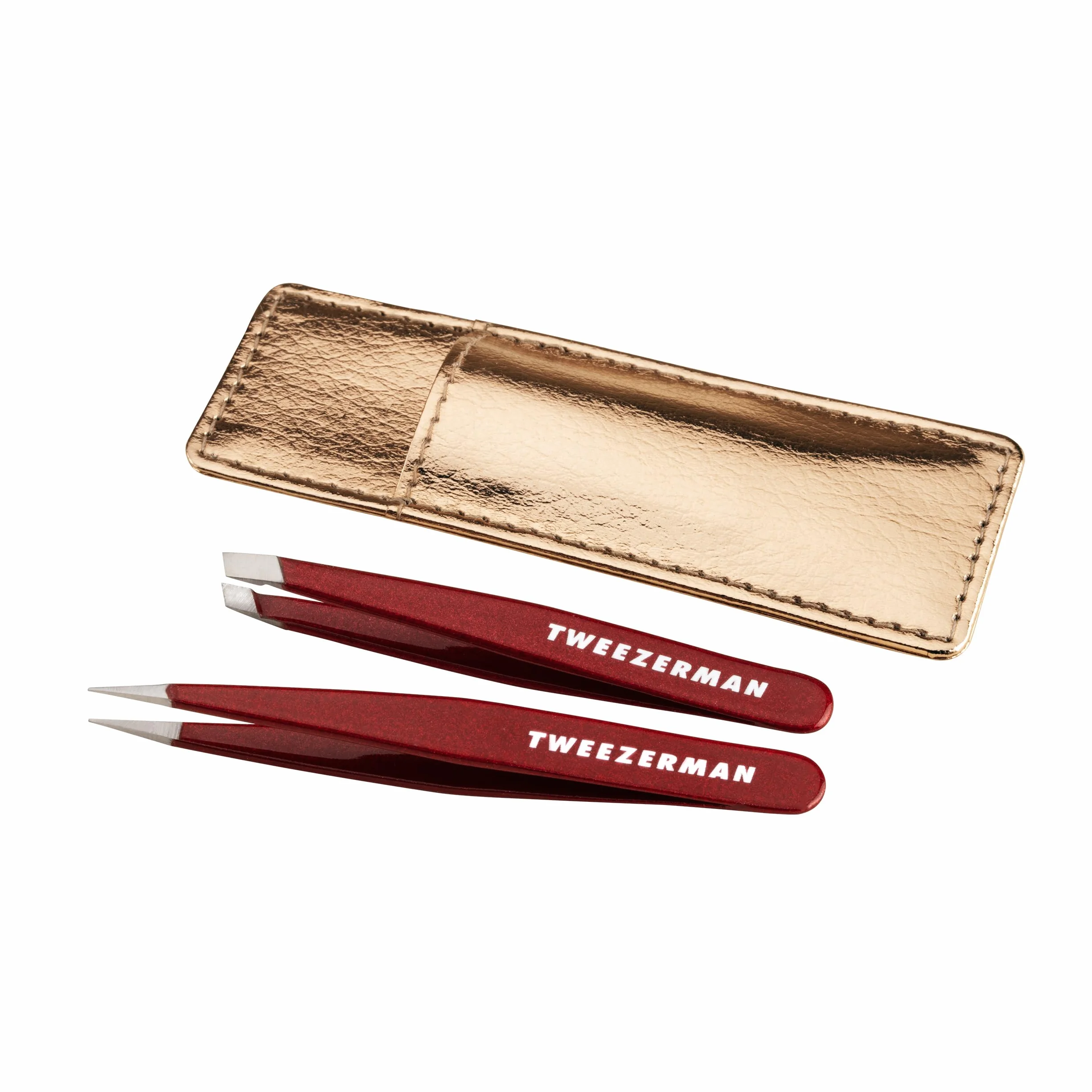 TWEEZERMAN Set de Mini Pinzas para Cejas de Precisión con Funda de Cuero, Vintage Rose