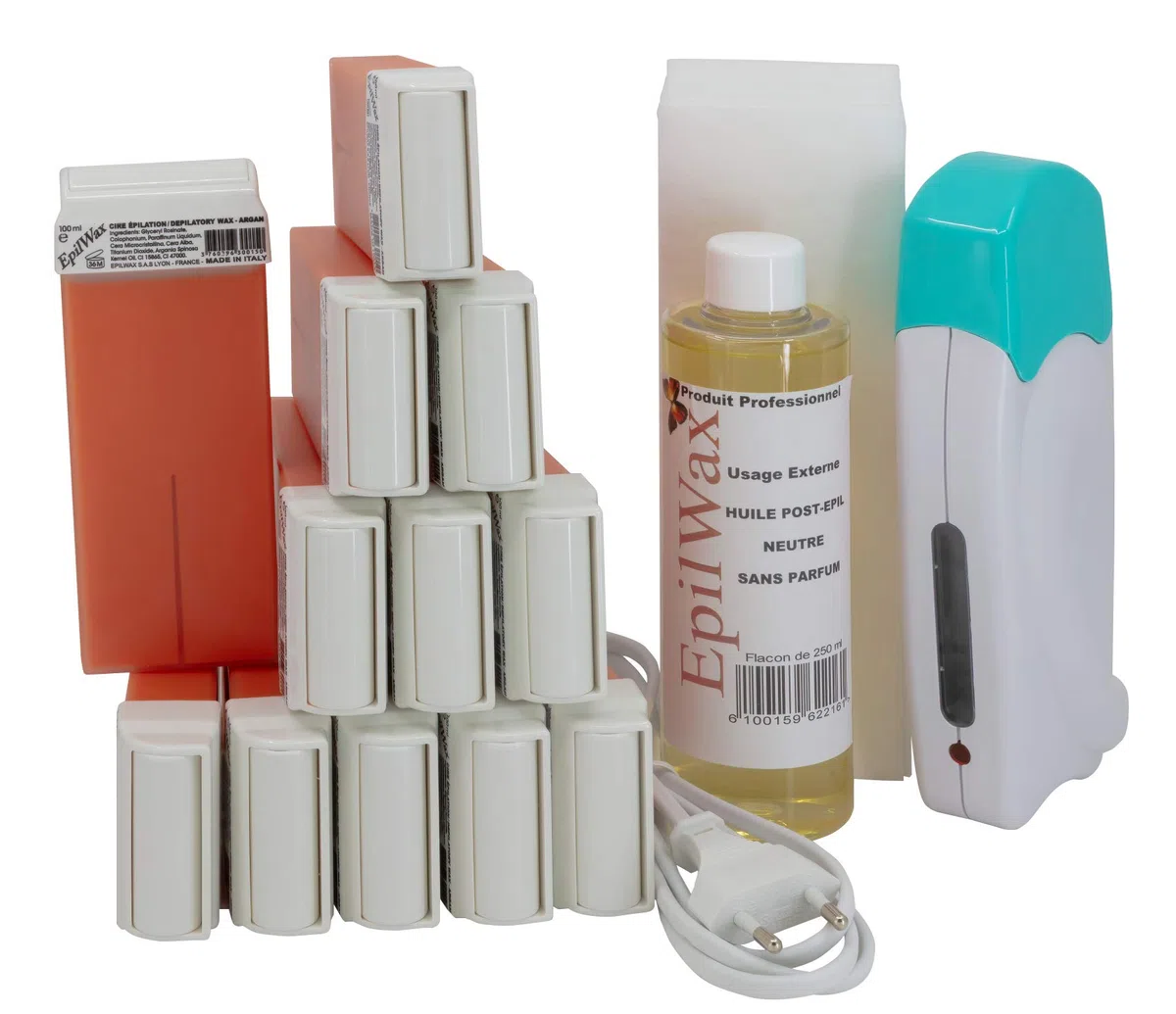 EpilWax - Kit completo de depilación Solo: 1 calentador de cera, 12 Roll-On de cera de Argán de 100 ml, 100 bandas de depilación, 1 botella de aceite para después de la cera de 250 ml (Solo Argan 12)