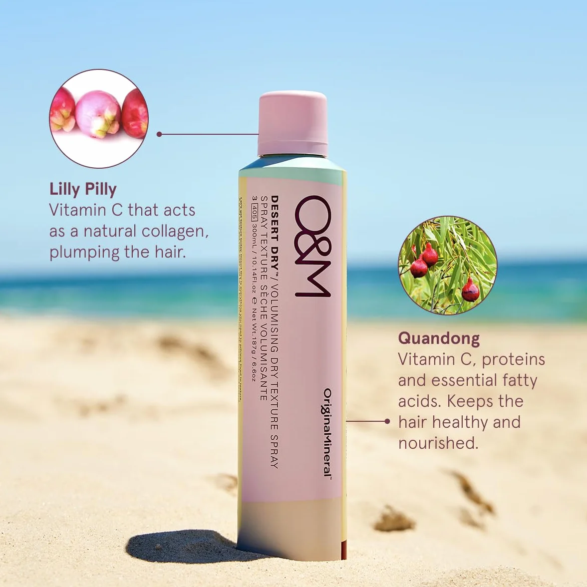 O&M Desert Dry Volumising Dry Texture Spray (300 ml) – Enfoque volumen spray de agarre flexible – Spray texturizante y absorbente de aceite – Sin sulfatos y siliconas – Certificado PETA, vegano