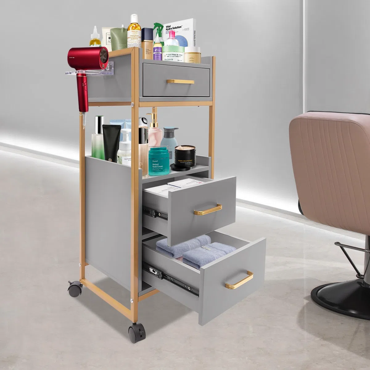 Carro de peluquería con 3 cajones y 2 estantes abiertos, carrito de almacenamiento de salón con ruedas y soporte para secador de pelo, carrito de cosméticos, carrito de servicio, carrito de trabajo,
