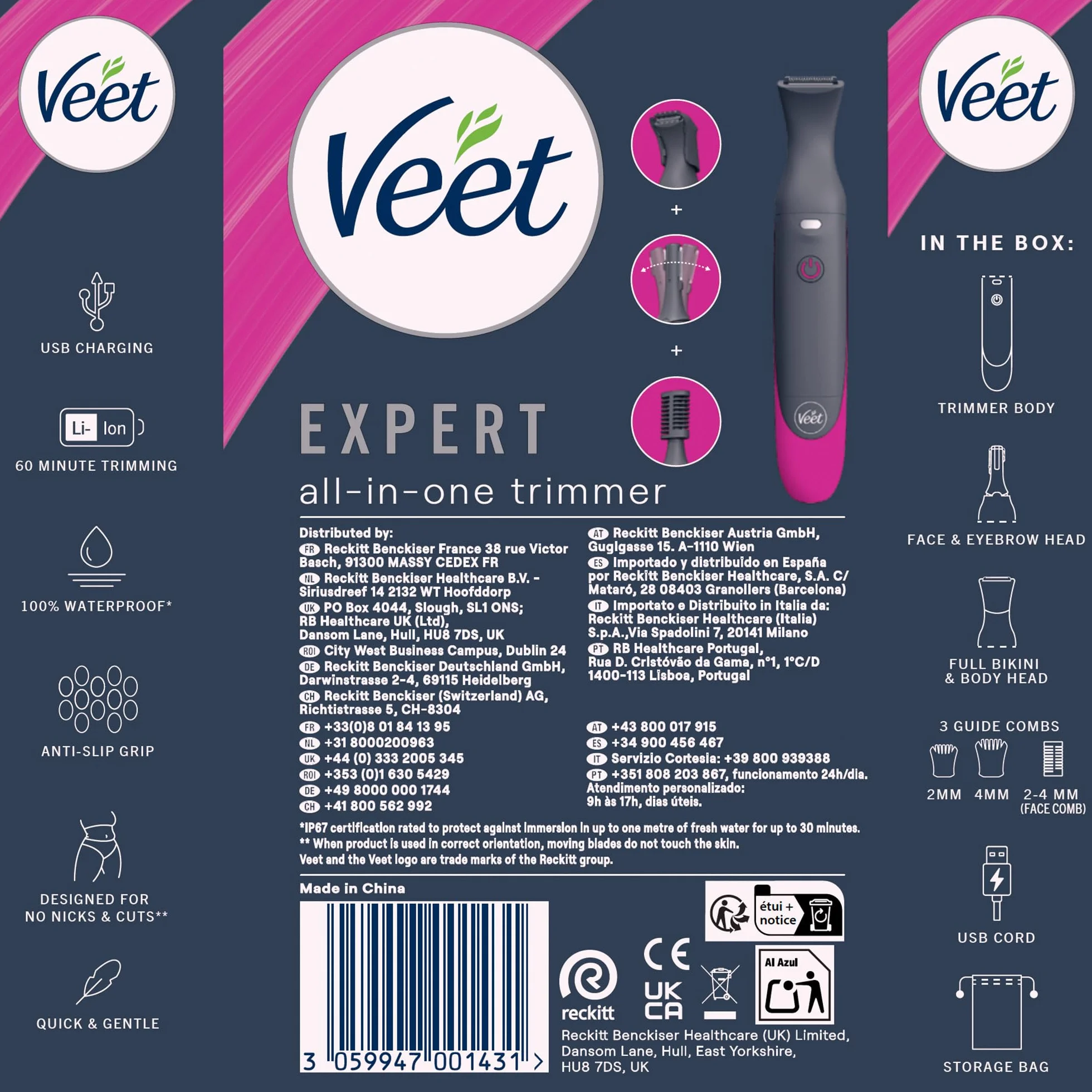Veet Recortadora Todo en Uno, Bikini y Cuerpo Completo, Cara y Cejas, Rasuradora Mujer Zona Íntima Resistente al Agua, Con 2 Cabezales y 4 Peines para precisión, con Cargador USB