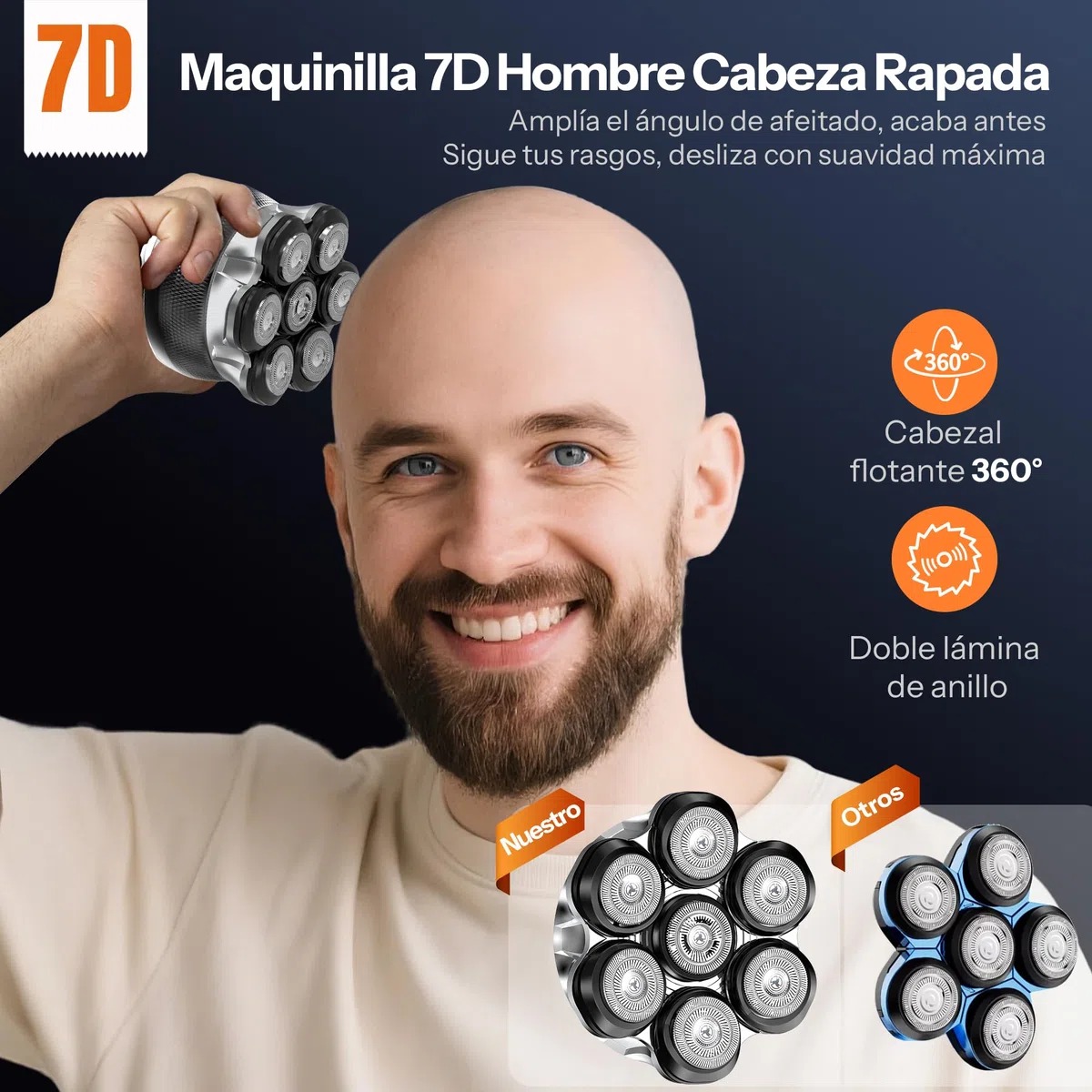 Afeitadora Cabeza Hombre, 7D Maquina Afeitar con 2 Velocidades Ajustables, Magnéticos Maquinilla Afeitadora electrica hombre en Seco y Húmedo con Pantalla LED