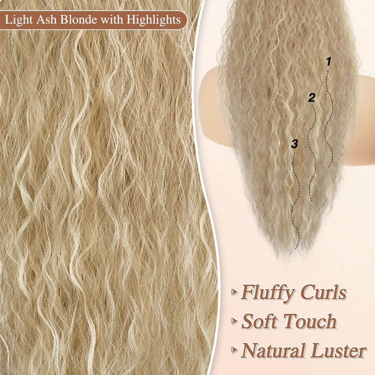 BARSDAR Coleta Postiza Pelo Natural con Cordón, 76cm Largo Cola de Caballo Extensiones Sintético Peine Clip in Extensiones Coleta Postizos para Mujer Bohemian Claro Ceniza Rubio Ponytail Extension