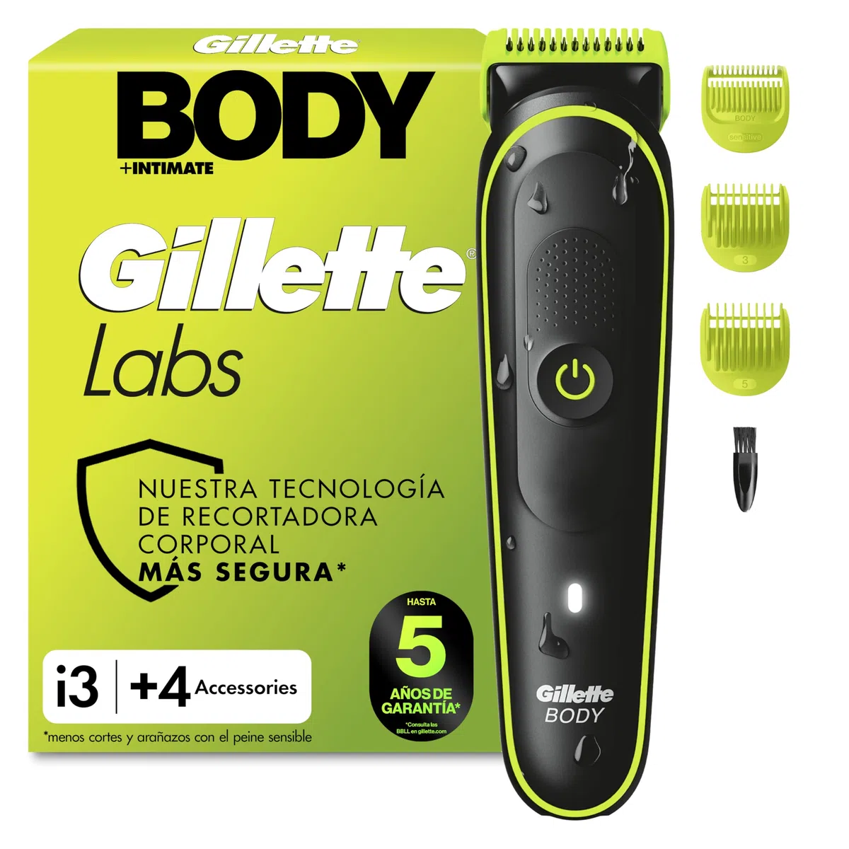 GilletteLabs i3 Body + Intimate Afeitadora Corporal Masculina con 3 Peines, Negro/Verde - Depiladora Corporal Hombre Impermeable, Tecnología Skinfirst, 80 min de Uso, Rasura el Cuerpo Y Zona íntima