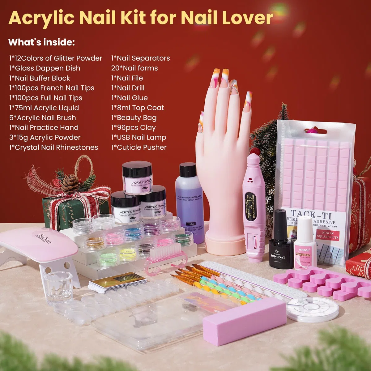 Yokilly Kit Uñas Acrilicas Completo: Acrilico Para Uñas con UV Lámpara ,Mano Para Practicar,Limador De Uñas Electrico - Kit Uñas Semipermanentes Gel Polvo Acrilico Para Uñas con Bolsa Rosa (Plateado)