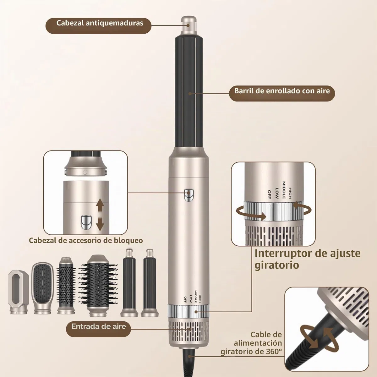 Cepillo Secador de Pelo 6 en 1, 1400W Cepillo De Aire Caliente Multifunción, Moldeador Pelo With Riza 3 Temperaturas, Tecnología Ion, Cepillo Alisador para Da Volumen, Alisa y Seca