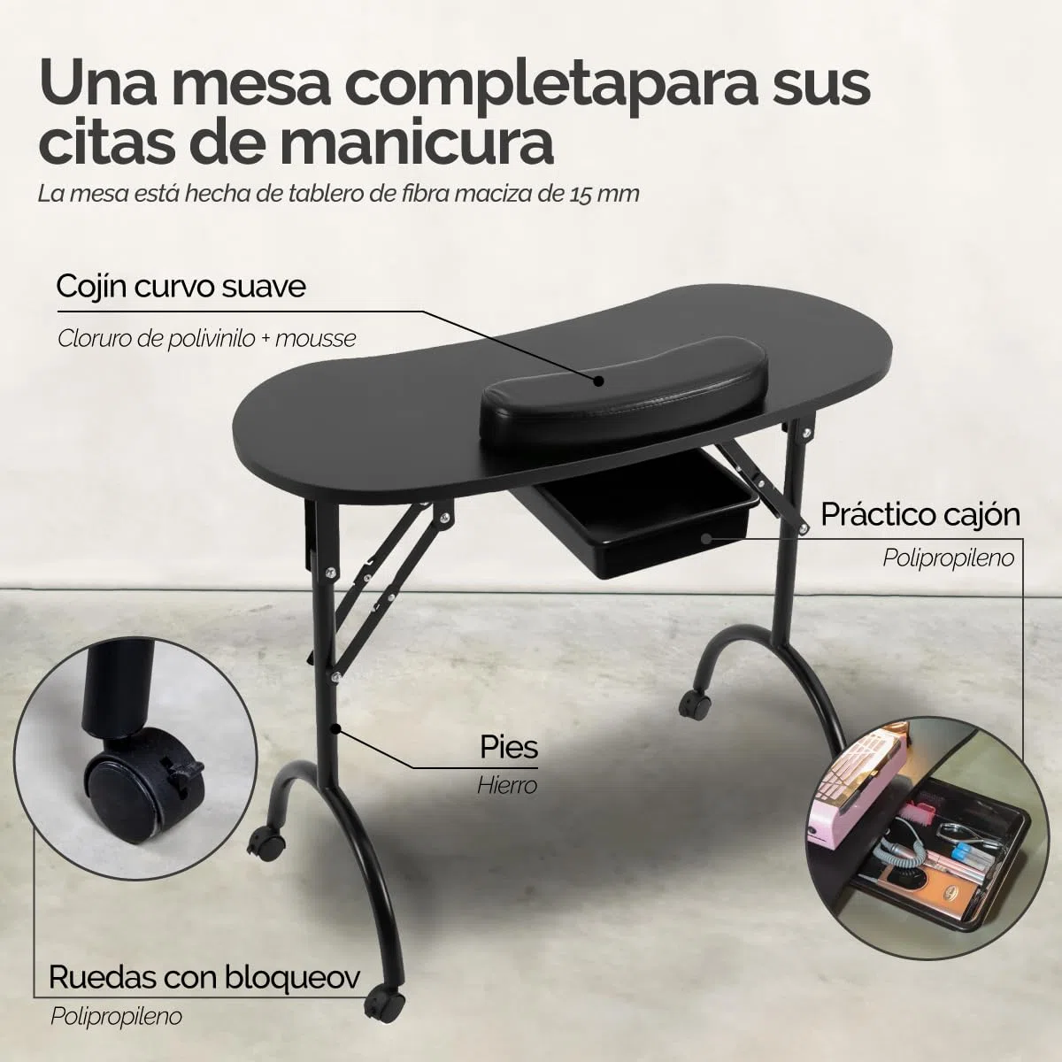 Vivezen - Mesa de manicura Profesional Plegable con cajón, Ruedas y maletín de Transporte - Negro