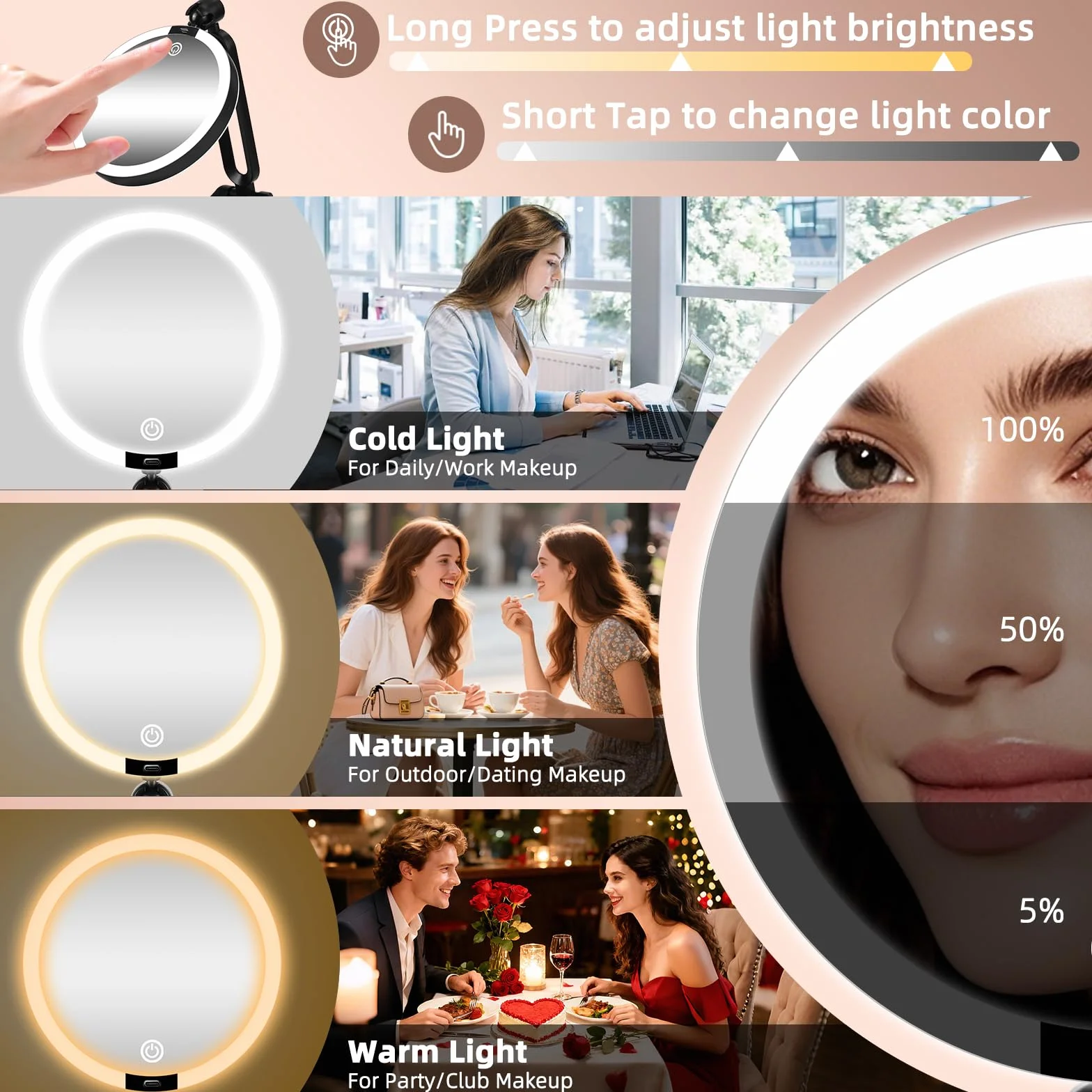 Espejo de maquillaje con aumento iluminado 30X/1X, espejo de maquillaje de doble cara con aumento 1X/30X y 3 luces de colores, espejo de escritorio recargable con aumento 30X y rotación de 360°