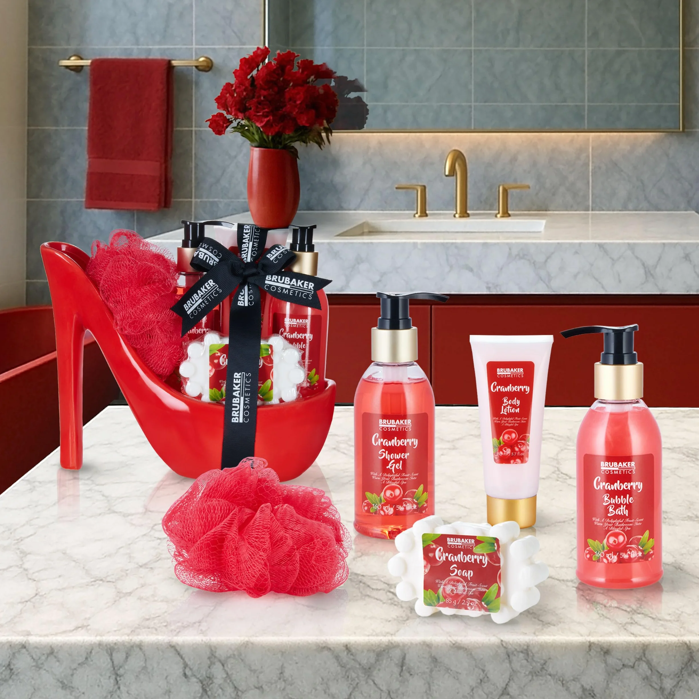 BRUBAKER Cosmetics Luxury Cranberry Beautyset - Set de Baño y Ducha de 6 Piezas - Set de Regalo en Rojo con Estilete de Cerámica