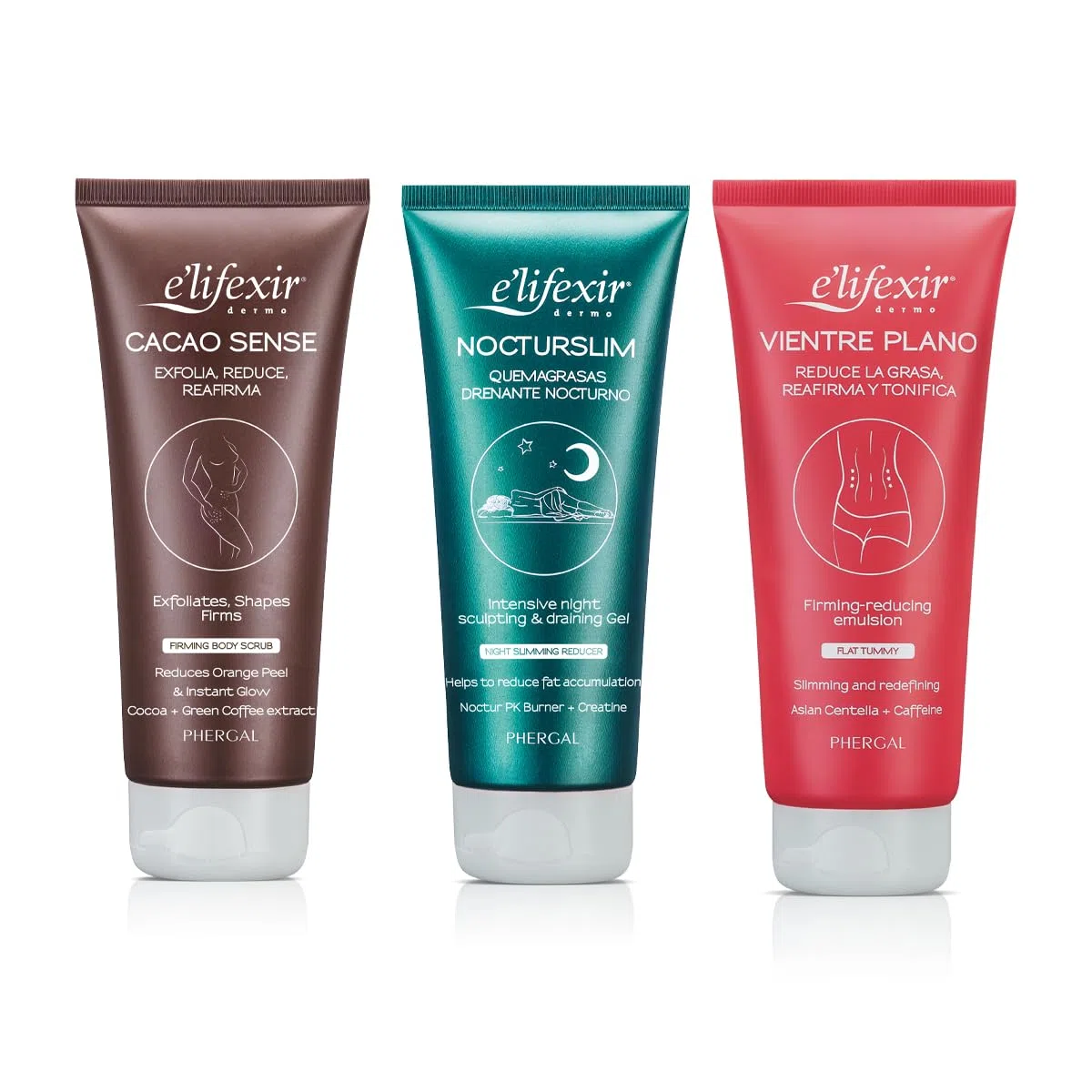 Elifexir | Cacao Sense + Nocturslim + Vientre Plano | Exfoliante Corporal + Quemagrasas Nocturno + Gel Reductor abdomen | Luce una Figura Esculpida | 200ml + 200ml + 200ml
