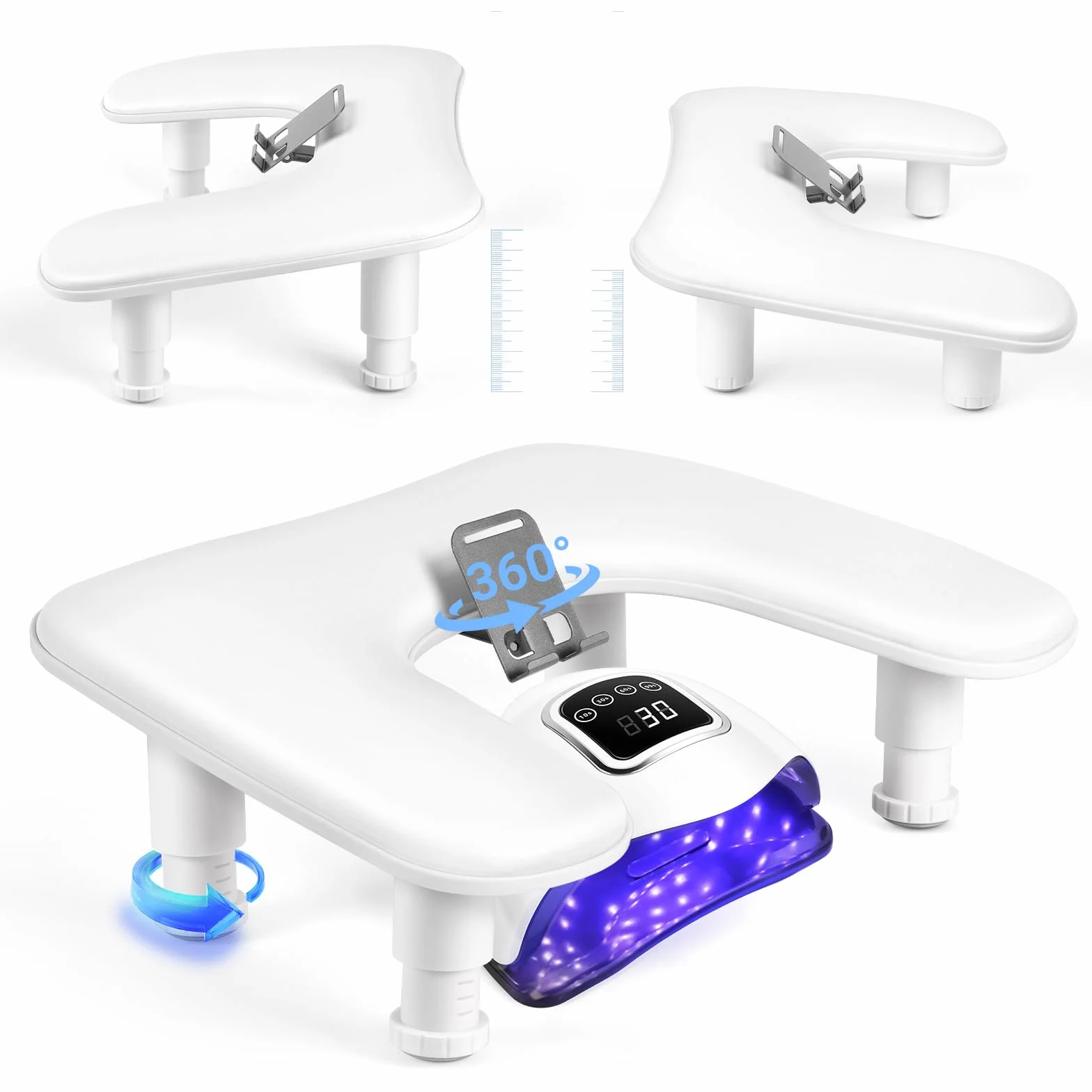 Reposa Manos para Manicura: Altura Ajustable Reposabrazos Manicura con Soporte Para Teléfono - Cómoda Funda de Piel Sintética PU Reposa Manos para Manicura para Hogar Salón - Blanco