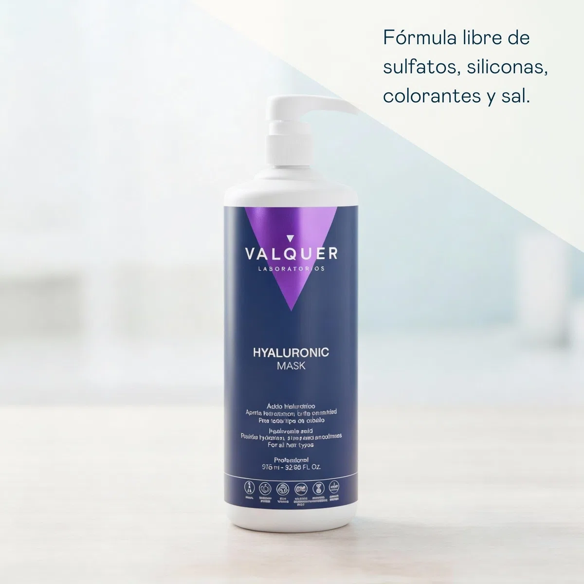 VALQUER Mascarilla Ácido Hialurónico Zero | Hidrata, Repara y Revitaliza el Cabello Dañado y Seco | Con Pantenol, Keratina y Aloe Vera | Vegano | 975 ml