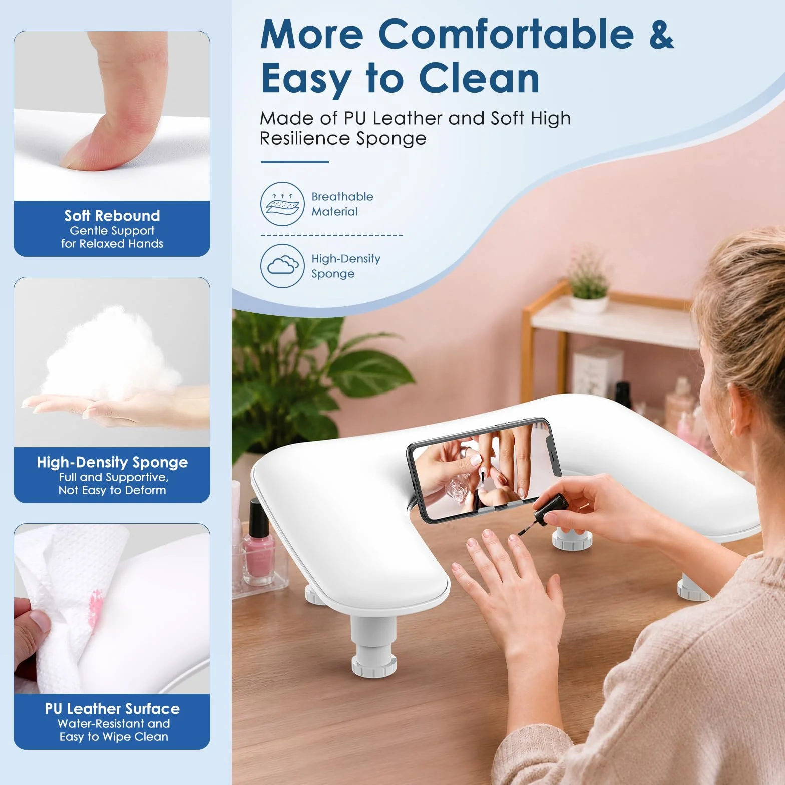 Reposa Manos para Manicura: Altura Ajustable Reposabrazos Manicura con Soporte Para Teléfono - Cómoda Funda de Piel Sintética PU Reposa Manos para Manicura para Hogar Salón - Blanco
