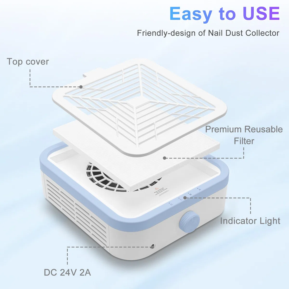 CGBE Extractor de Polvo de Uñas, 120W Extractor de Polvo de Uñas con 2 Filtros Potente Extractor Profesional de Polvo de Uñas y Aspirador Doméstico. (WL007) (Blue)