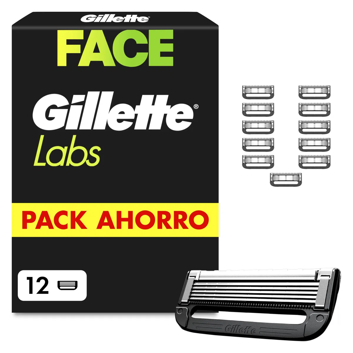 GilletteLabs Recambios para Maquinillas de Afeitar, Pack de 12 Cuchillas de Afeitar Hombre con 5 Hojas Y Banda Lubricante, Compatible con Todas Las Maquinillas Gillette Labs