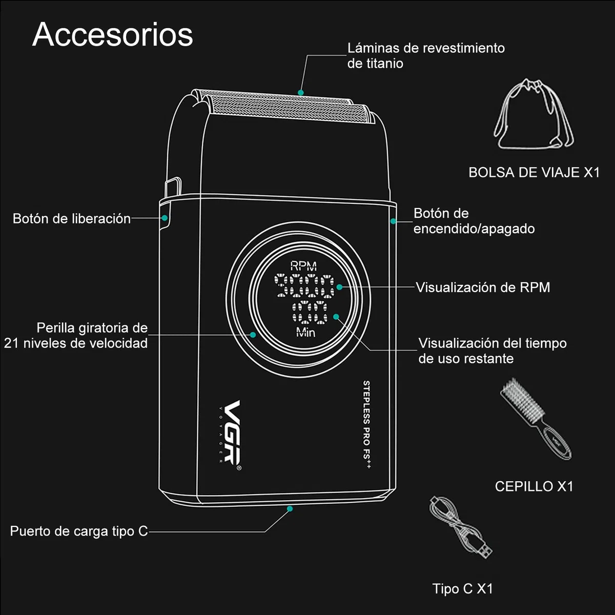 VGR 377 Afeitadora de Aluminio para Hombres, Maquinilla de Afeitar Eléctrica para Afeitarse la Cara con Doble Lámina, 21 Velocidades y 9000 RPM, con Motor de 21 Velocidades, Pantalla LED