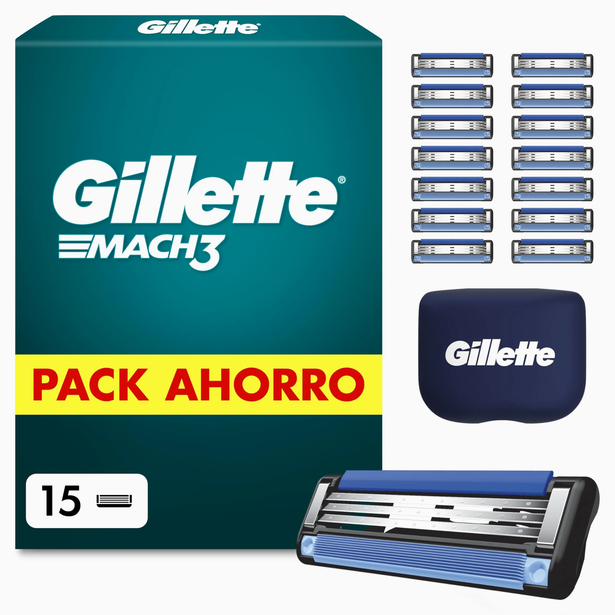 Gillette Mach3 Base Pack de 15 Recambios Para Maquinillas De Afeitar Para Hombre, Cuchillas de Afeitar Con 3 Hojas y Banda Lubricante, Compatible Con Todos Los Mangos Mach3