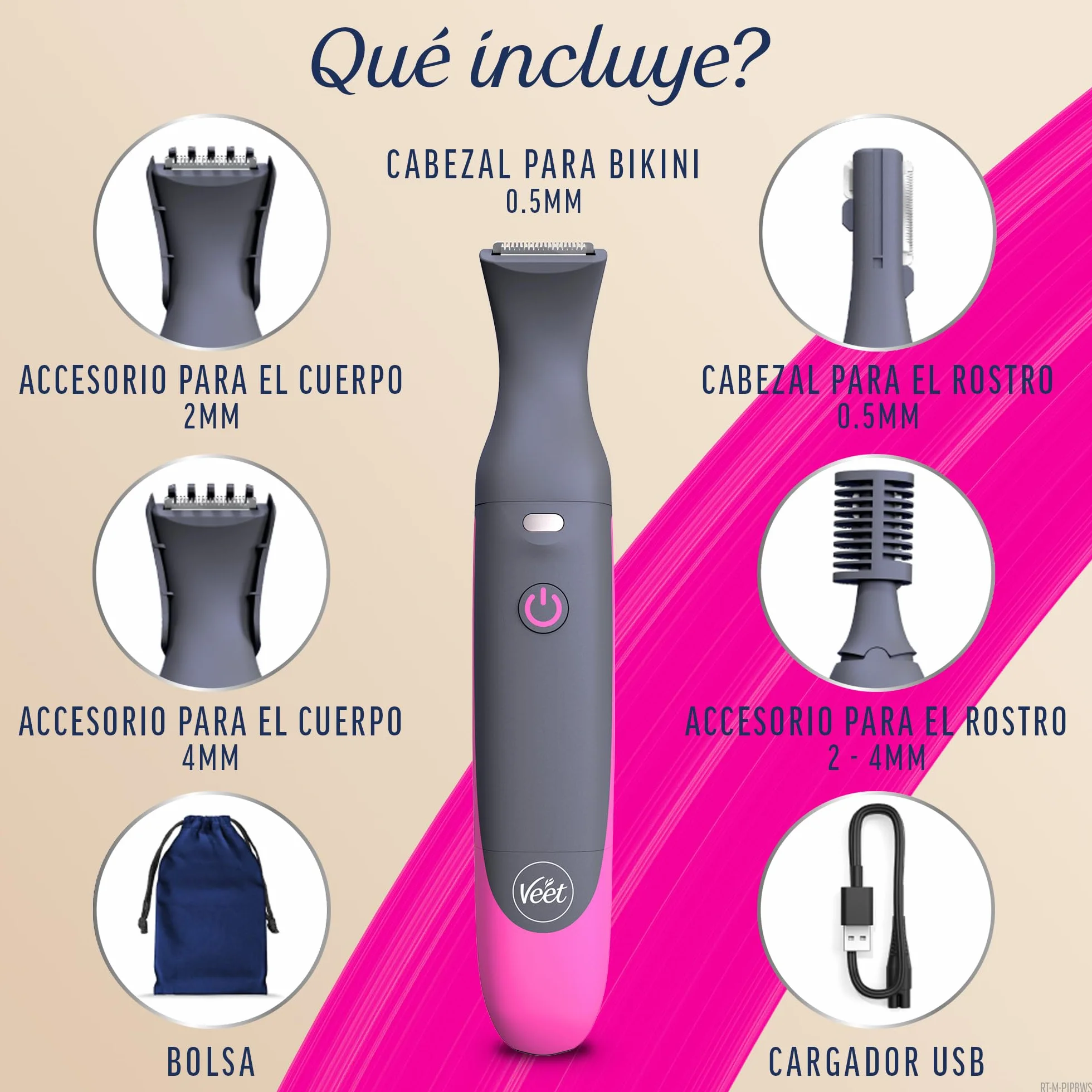 Veet Recortadora Todo en Uno, Bikini y Cuerpo Completo, Cara y Cejas, Rasuradora Mujer Zona Íntima Resistente al Agua, Con 2 Cabezales y 4 Peines para precisión, con Cargador USB