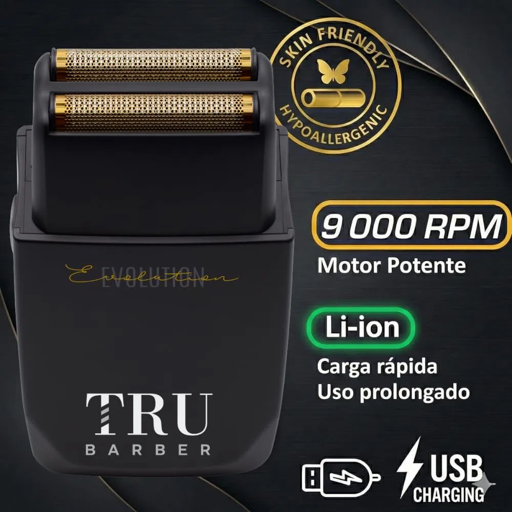 TRU BARBER Evolution – Afeitadora eléctrica profesional hombre 9000 rpm con lámina de titanio, ideal para barba, cabello y cabeza calva, batería larga duración recargable USB