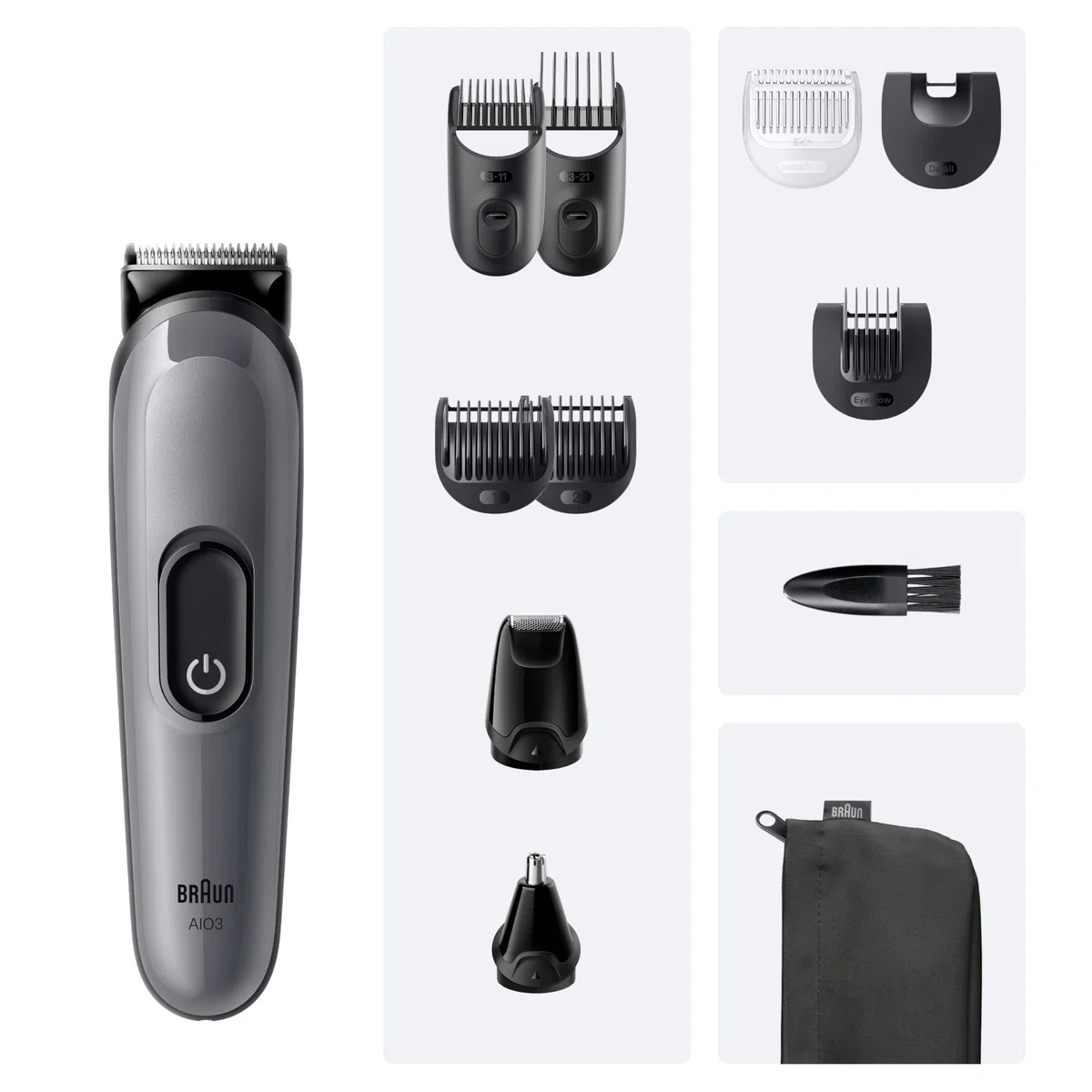 Braun Recortadora Todo en Uno Series 3 AIO3565, Gris - Kit de Styling 11en1 para Barba Y Pelo, 14 Longitudes, Máquina de Cortar Pelo con Autonomía de 50 Min, Cortapelos Hombre, Recorte Fácil Y Rápido