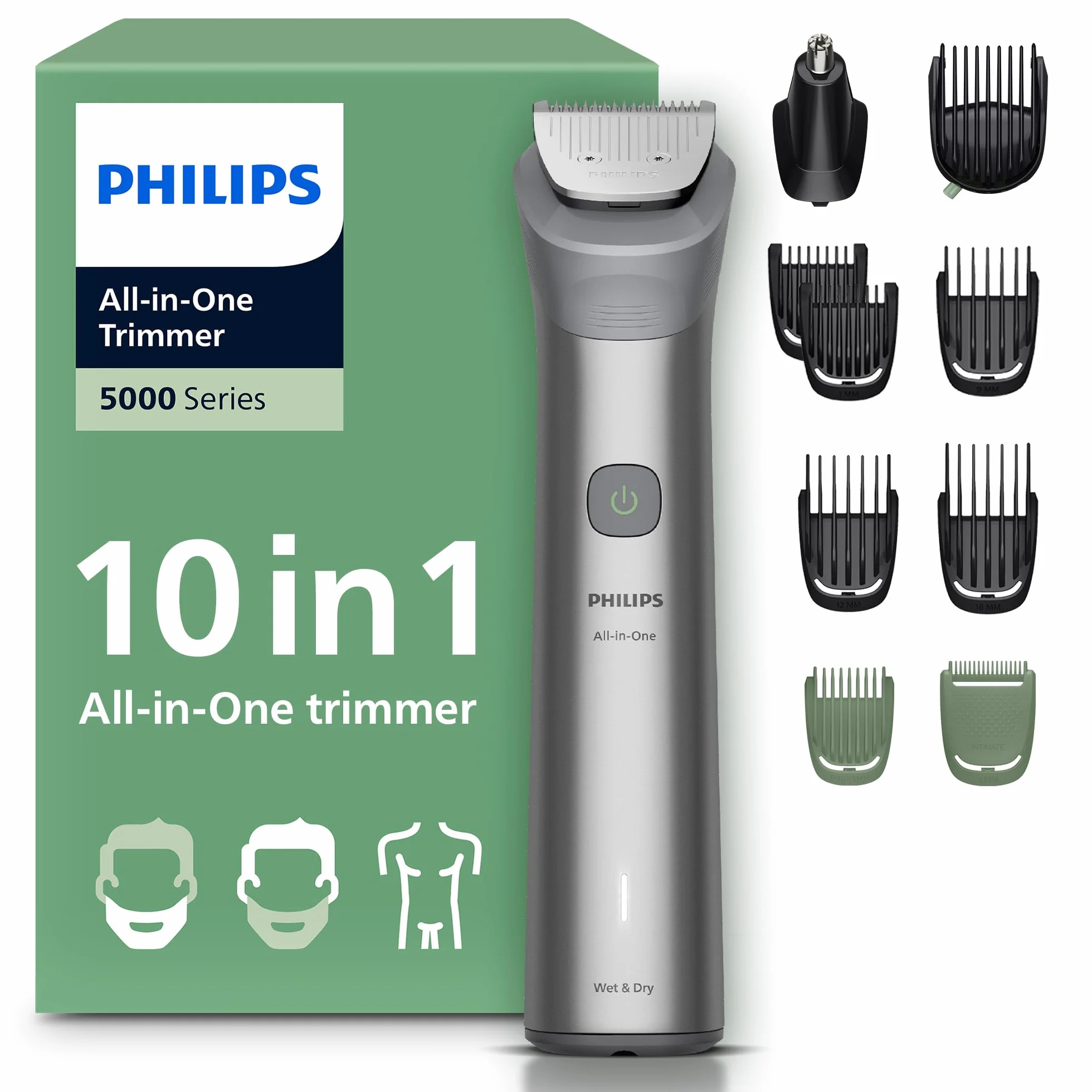Philips Recortadora todo en uno de 10 en 1 Serie 5000 - Afeitadora y cortapelos hombre para rostro, cabeza y cuerpo, cuchillas de acero autoafilables, 11 longitudes (0,5-16 mm), recargable, MG5918/15