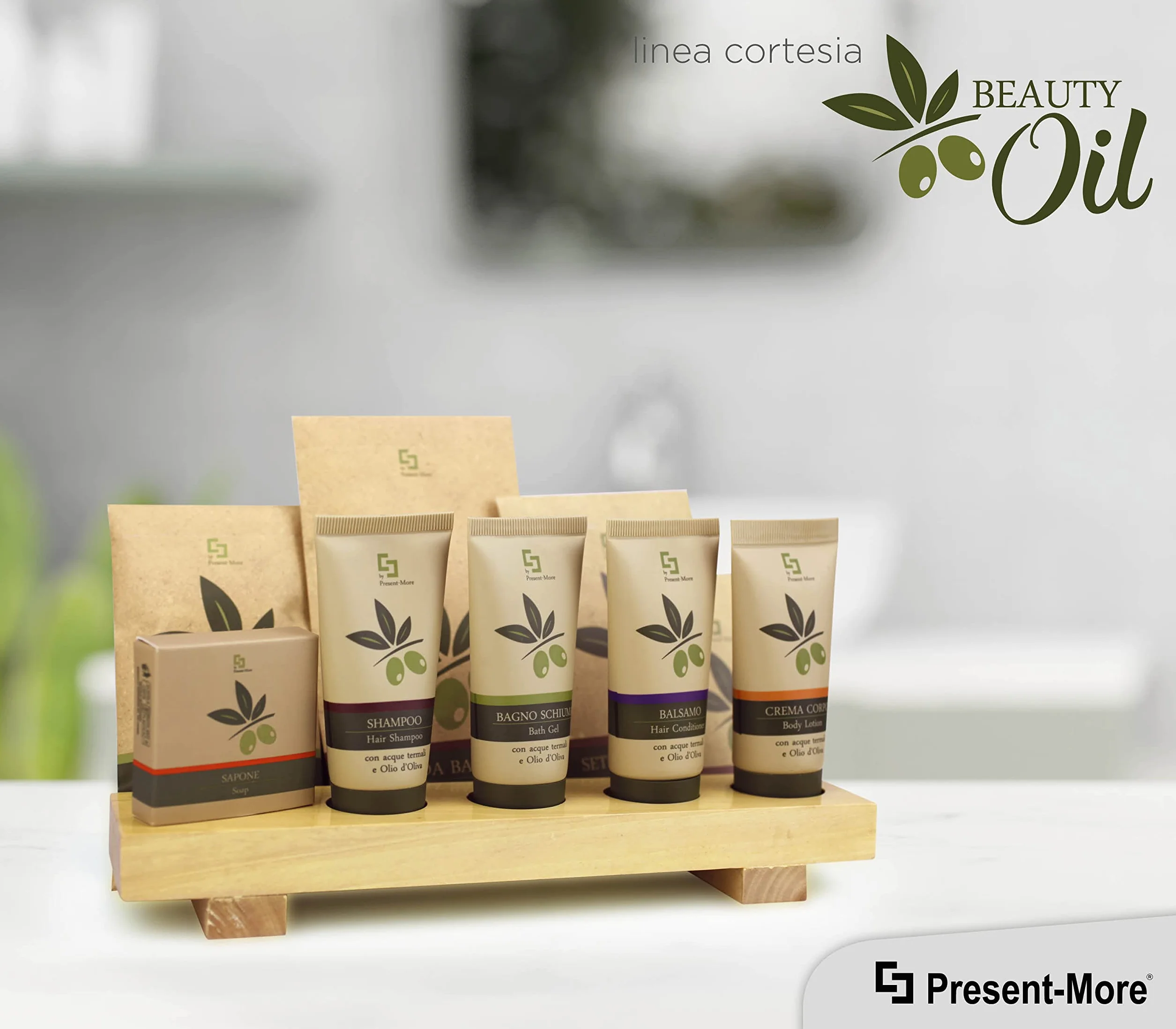 Present-More Kit barba Beauty Oil - Kit cuidado barba 250 unidades para Hoteles y B&B | Kit cuidado barba embolsado individualmente y envasado en material Stone Paper