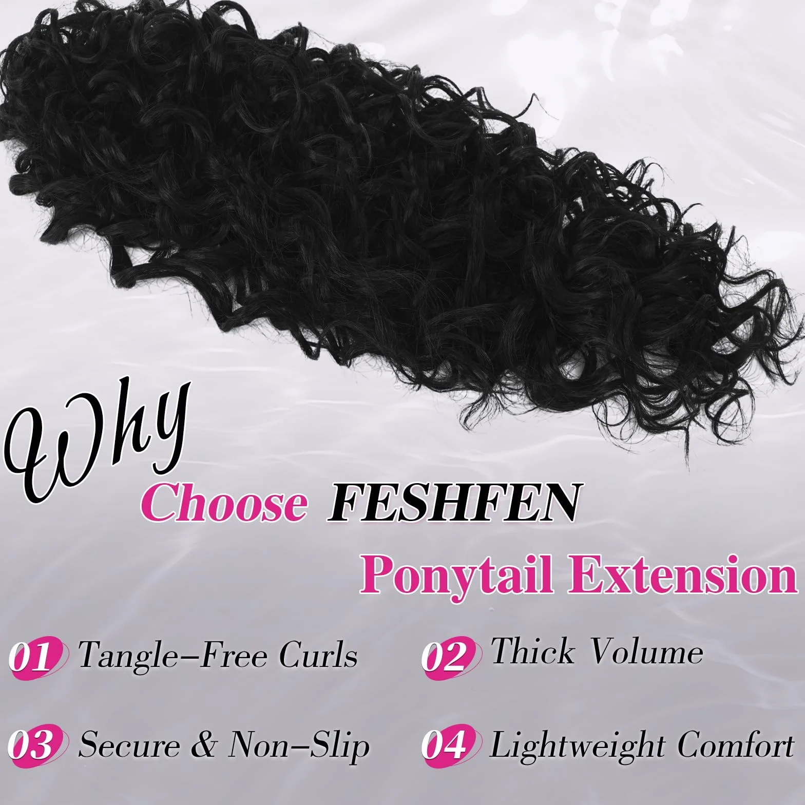 FESHFEN Coletas Postizas Rizado con Pinza - Coleta Postiza Pelo Negro Natural Ondulado Larga Ponytail Clip de Extensiones de Cabello Sintético Cola Postizos para Mujeres, 65 cm