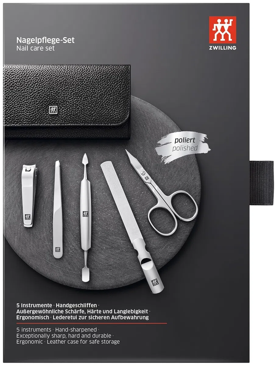 ZWILLING Set de manicura (5 piezas, estuche de pedicura en tamaño de viaje, con cortaúñas, estuche de piel auténtica), acero inoxidable pulido, negro
