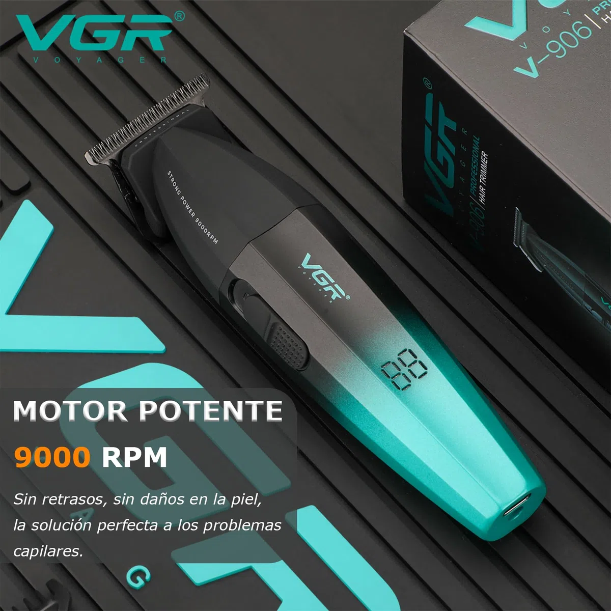 VGR 906 Fresh Fade - Cortadora de pelo profesional, 9000 rpm, sin huecos, para hombres, cortadora de pelo inalámbrica DLC T-Blade para barberos y recargable por USB, verde