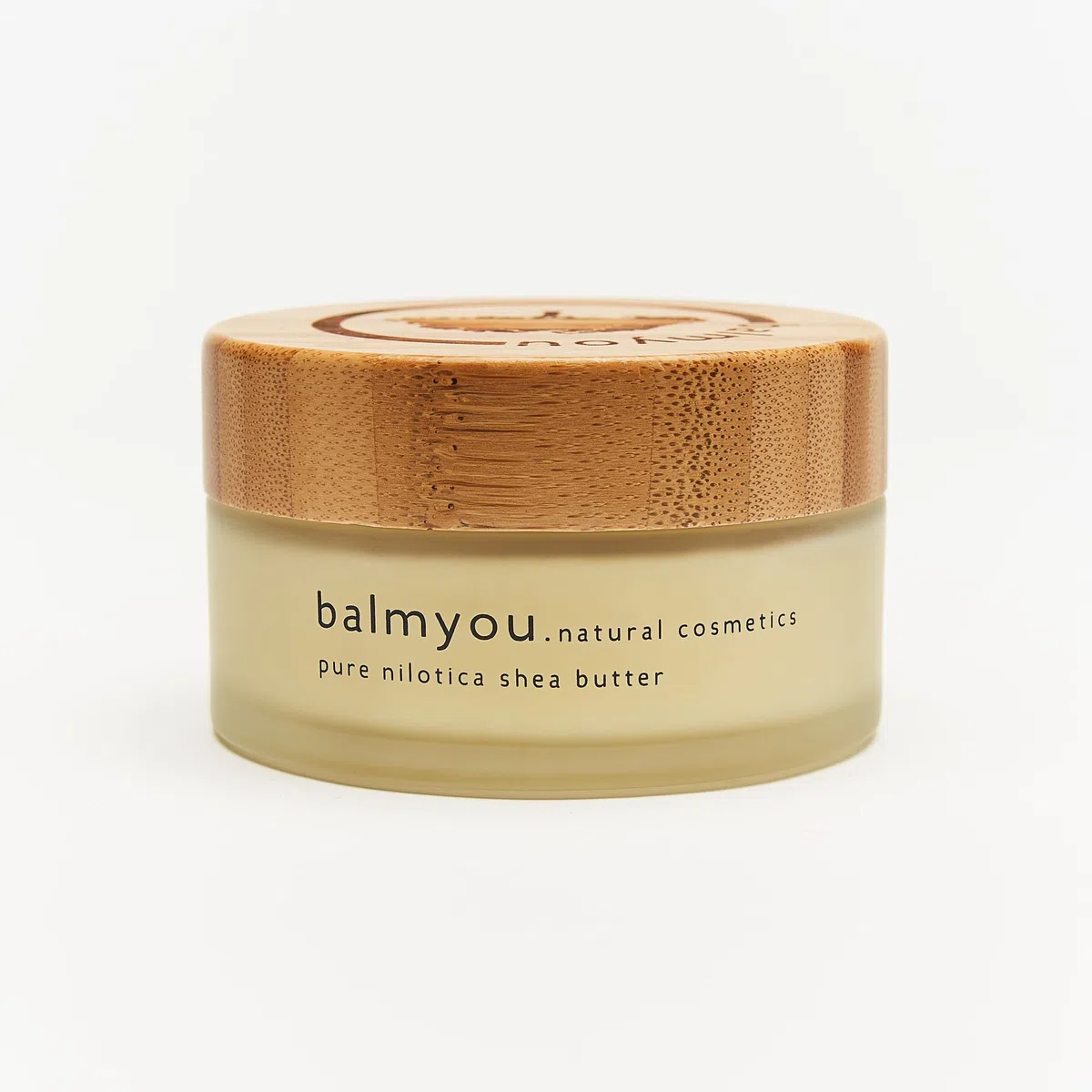 Manteca de karité nilótica pura de balmyou en tarro de cristal de 100 ml con tapa de bambú y certificación de cosmética natural de Uganda, sin refinar, prensada en frío, vegana y sin aditivos
