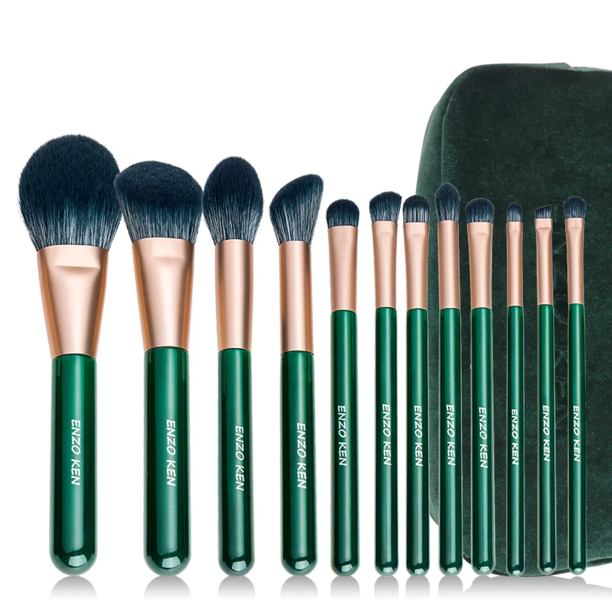 ENZO KEN Juego de Brochas de Maquillaje de Fibra Natural y Pelo de Cabra Professional, Set de Brochas de Maquillaje para Pelo Combinado con Bolso de Mano, Brochas Verde de Pelo Natural.
