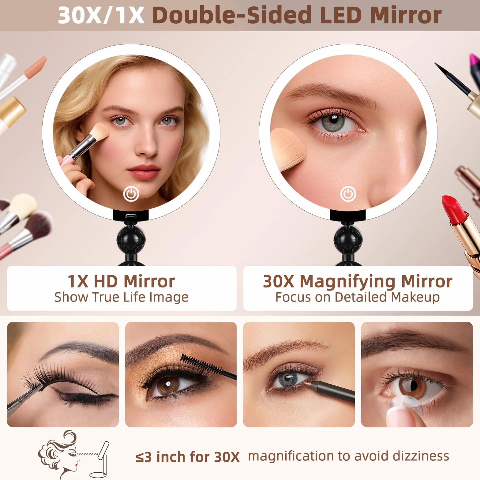Espejo de maquillaje con aumento iluminado 30X/1X, espejo de maquillaje de doble cara con aumento 1X/30X y 3 luces de colores, espejo de escritorio recargable con aumento 30X y rotación de 360°