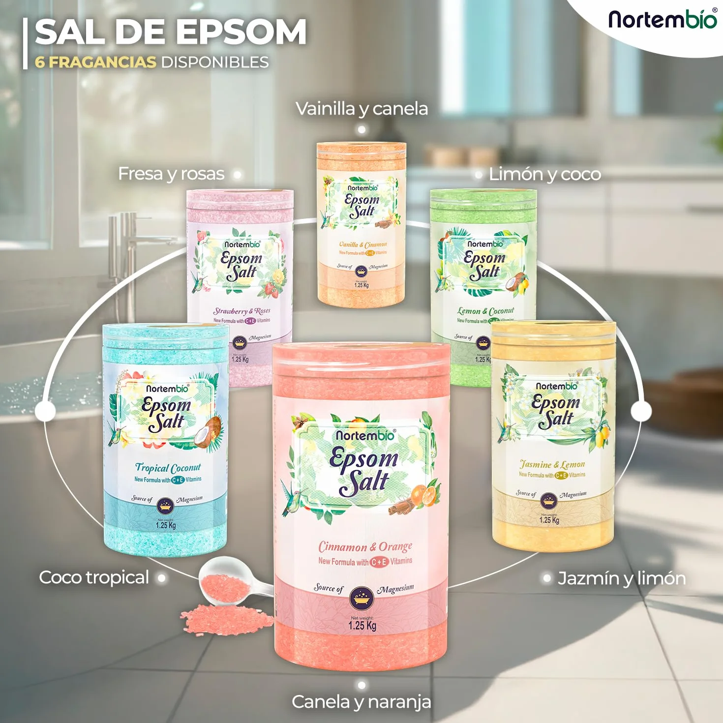 Nortembio Sales de Epsom con Fragancias 6 kg Sal de Magnesio Premium para Baño Relajante y Cuidado Muscular Vainilla y Canela