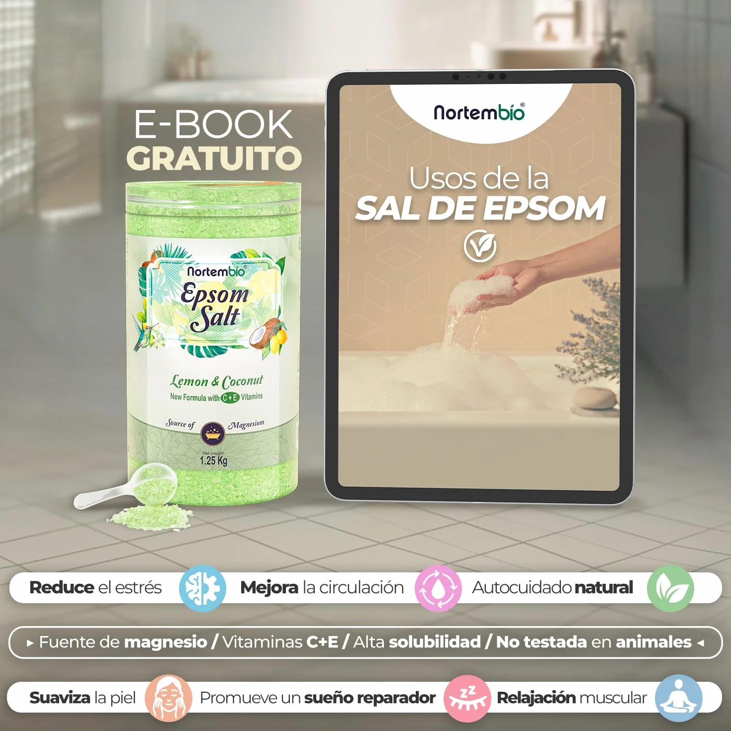 Nortembio Sales de Epsom con Fragancias 6 kg Sal de Magnesio Premium para Baño Relajante y Cuidado Muscular Vainilla y Canela