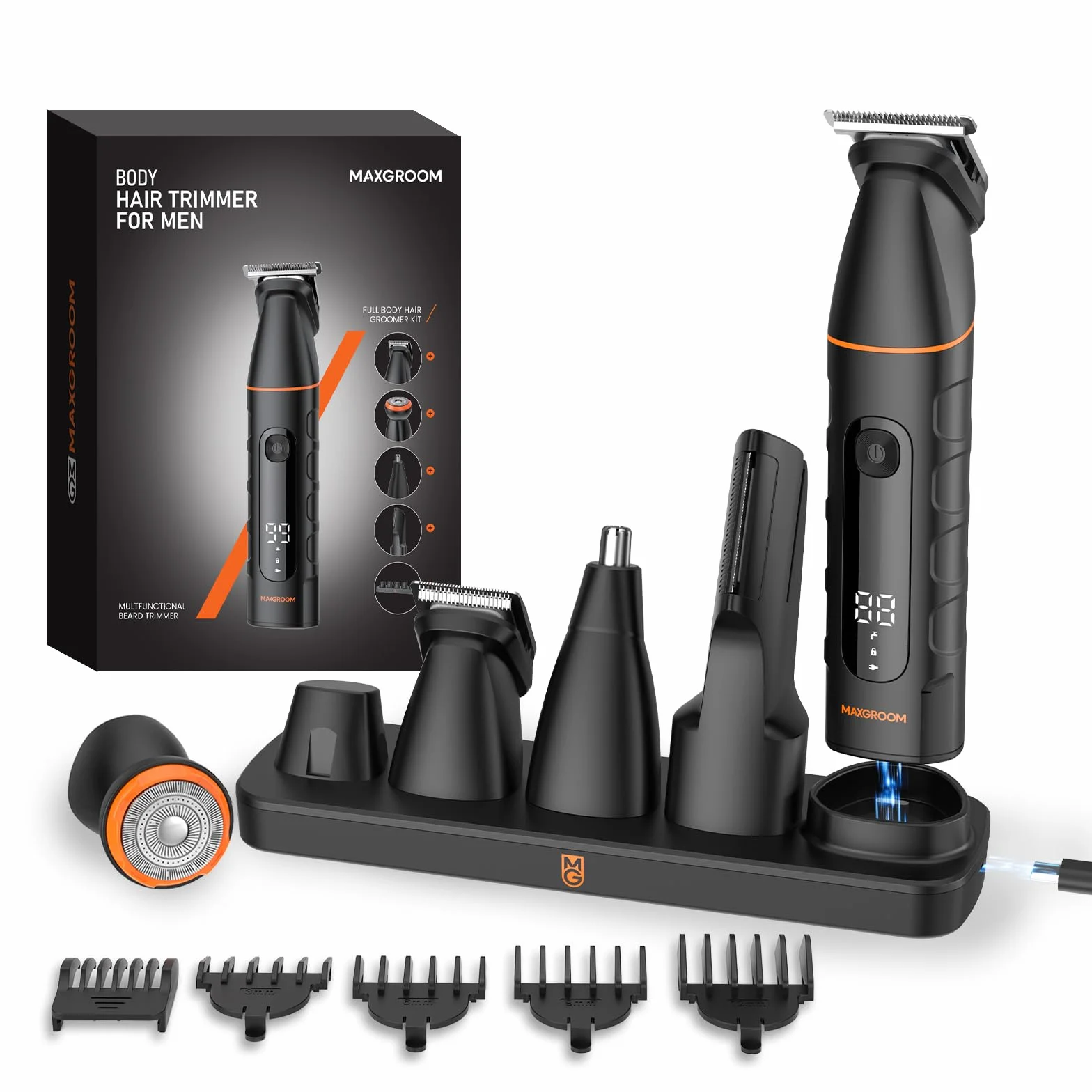 MAXGROOM Afeitadora Corporal Masculina 5 en 1, IPX6 Depiladora Corporal Hombre, Apto para Nariz, Barba, Cabello y Zonas íntimas, Cabezal de cuchilla magnético reemplazable, Fácil de limpiar