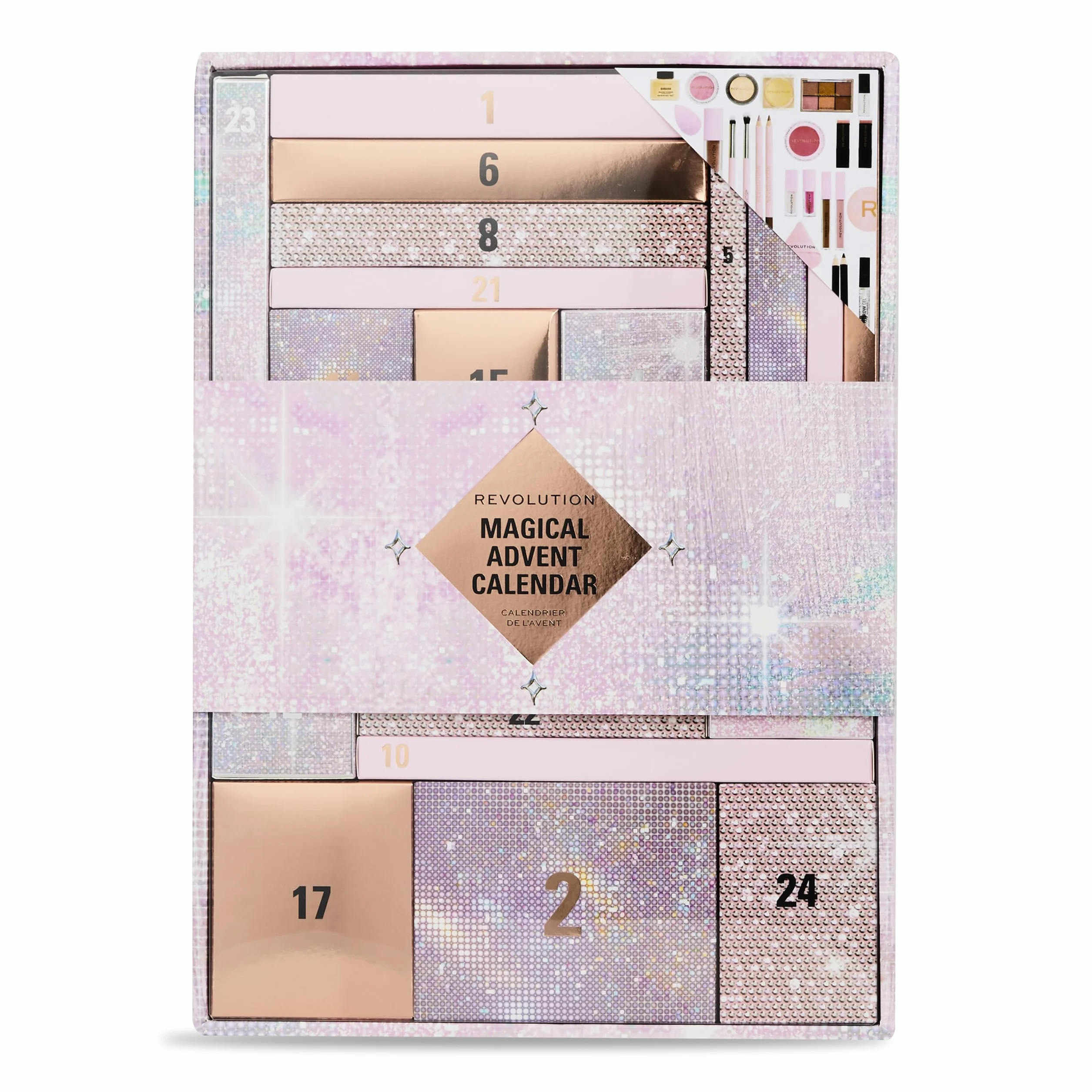 Revolution Beauty Calendario de Adviento de 24 productos, Set de Regalo con Brillo de Labios, Máscaras Labiales, Pinceles y Gel para Cejas, Vegano y Libre de Crueldad