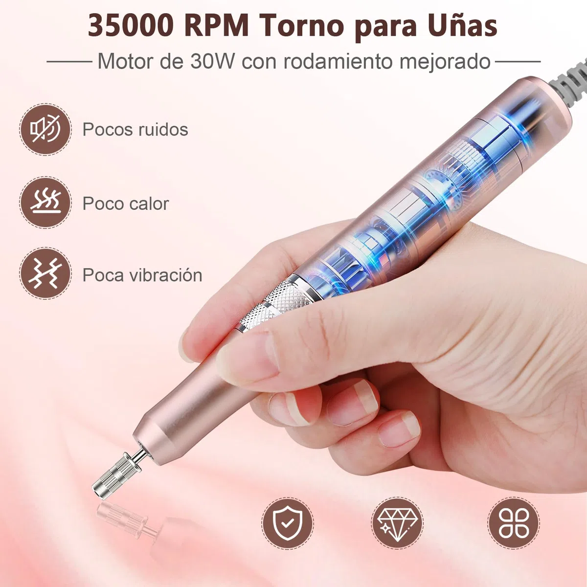 Torno para Uñas Profesional 35000 RPM, Pulidor Uñas, Lima Electrica, Nail Drill, Set Manicura y Pedicura Electrico, Kit 11 Fresas Brocas, LED Tátil, Quitar Acrílico Gel/Esmalte/Callos, Rosas