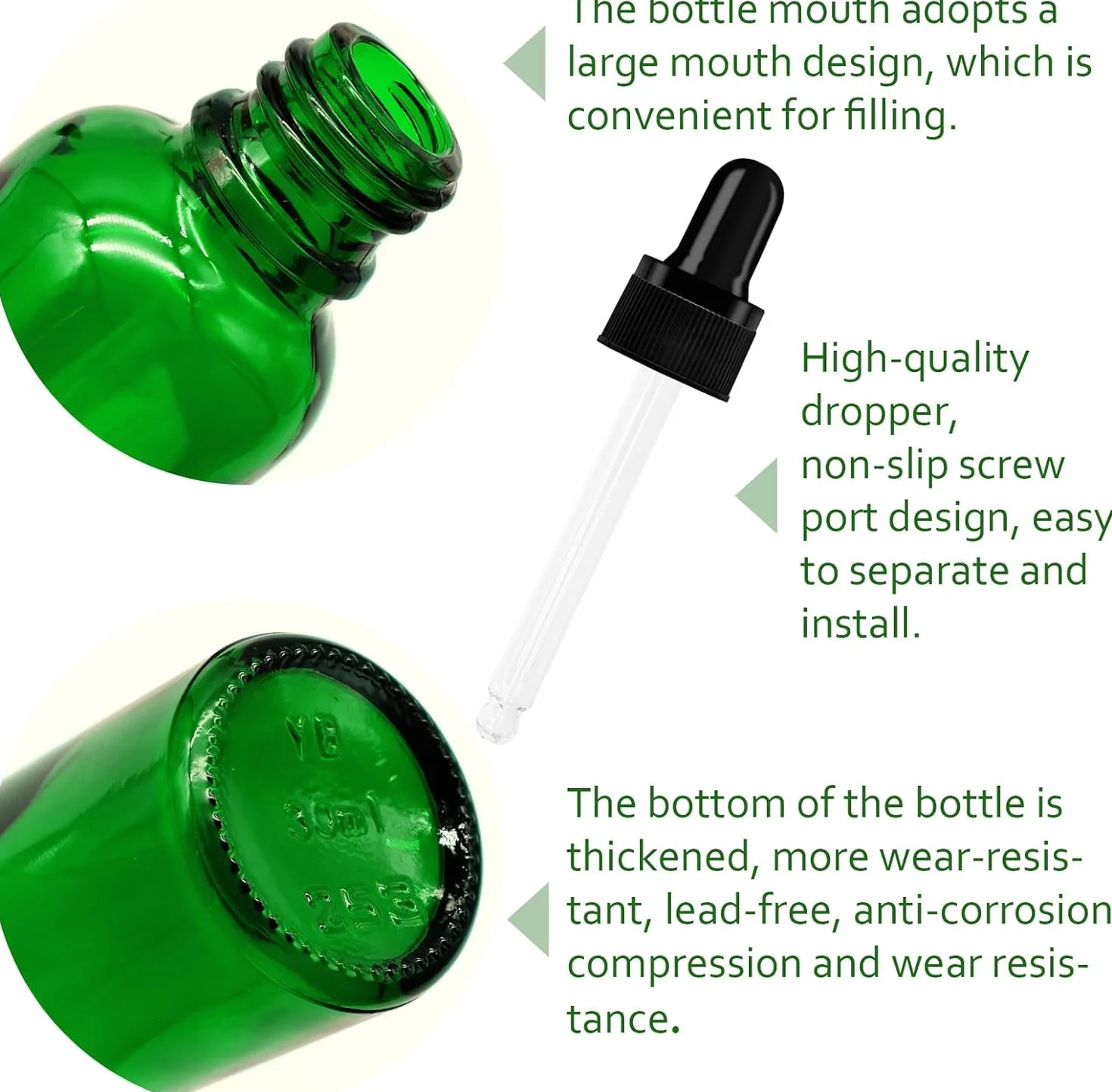 AMJKEJI 12 Piezas Frascos Cuentagotas 30 ml, Verde Cristal Botellas Cuentagotas con 2 Goteros y Embudos, Botellas Cuentagotas de Vidrio para Aceite Esencial, Fragancia, Aromaterapia, Laboratorio