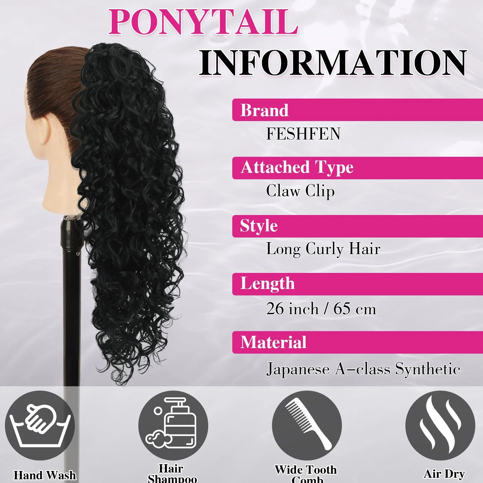FESHFEN Coletas Postizas Rizado con Pinza - Coleta Postiza Pelo Negro Natural Ondulado Larga Ponytail Clip de Extensiones de Cabello Sintético Cola Postizos para Mujeres, 65 cm