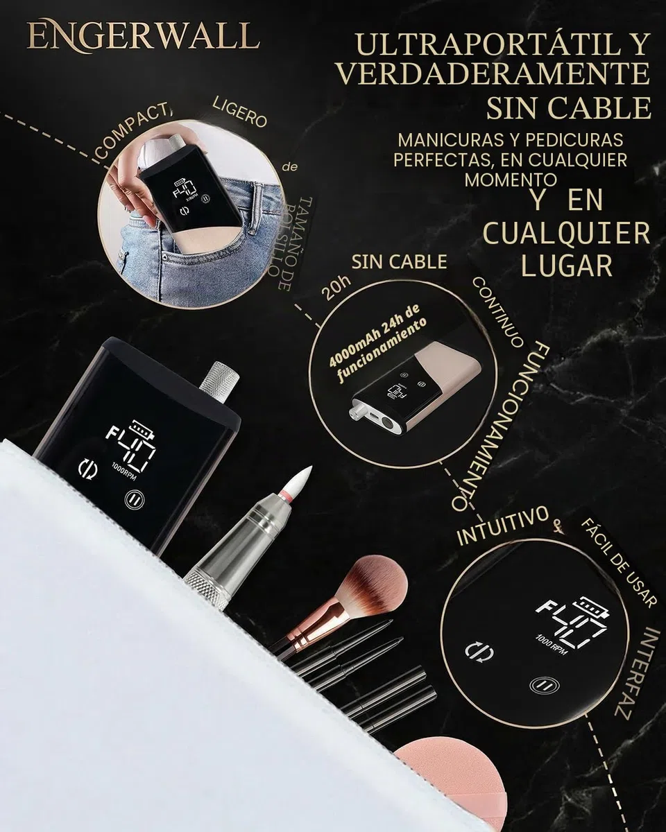 Torno para Uñas Profesional con Motor Brushless 40000 RPM, Autonomía 24H Lima Eléctrica Inalámbrica para Uñas Gel y Acrílico, Pantalla Táctil HD, Kit 13-en-1, Oro Rosa Cepillado | Motor Brushless, 40000 RPM, Autonomía 24H, Aleación de Aluminio, Pantalla T