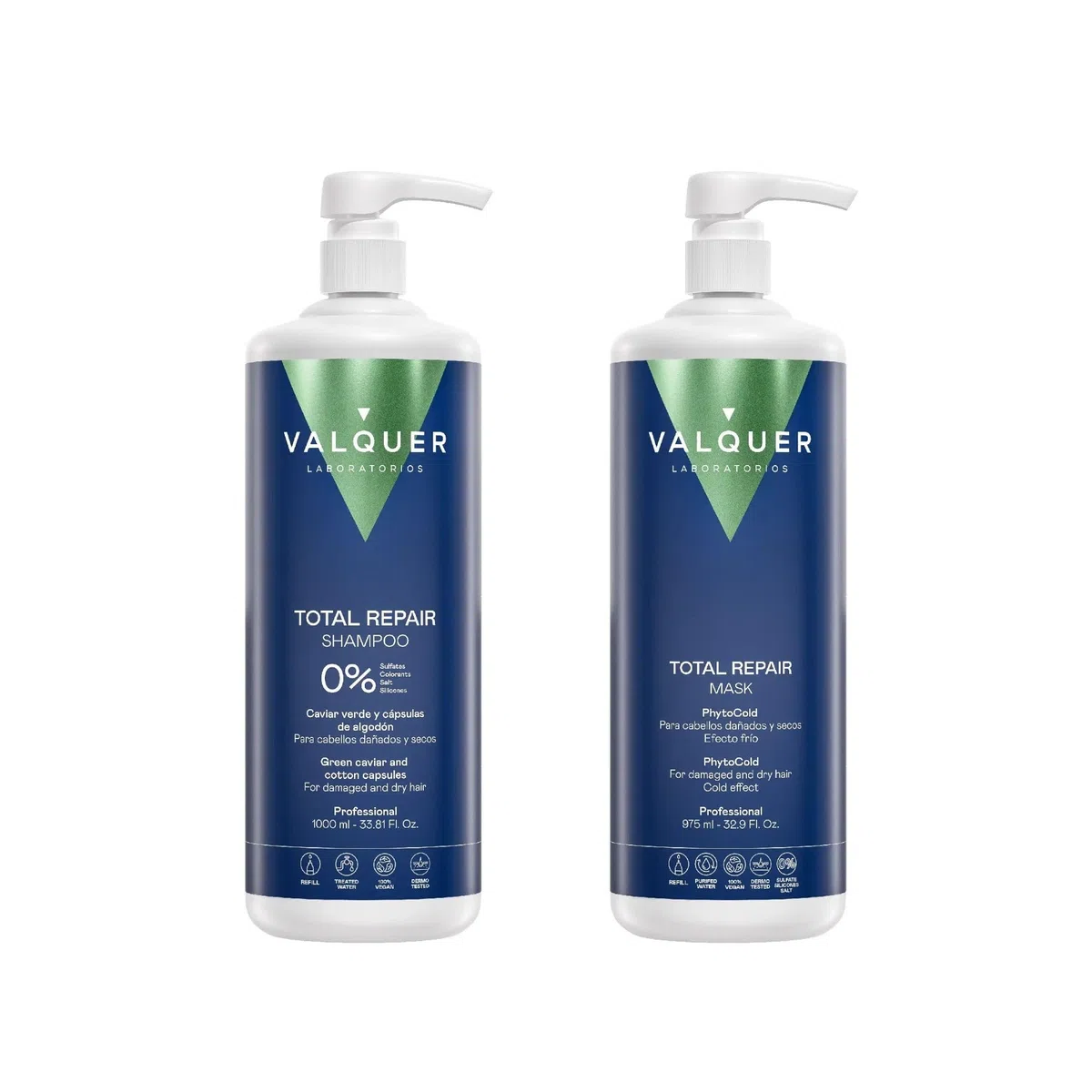 VALQUER Pack Total Repair Champú y Mascarilla Zero | Repara, Nutre e Hidrata el Cabello Dañado y Seco | Con Caviar Verde, Vitamina E y Cápsulas de Algodón | Vegano | 1 L + 975 ml