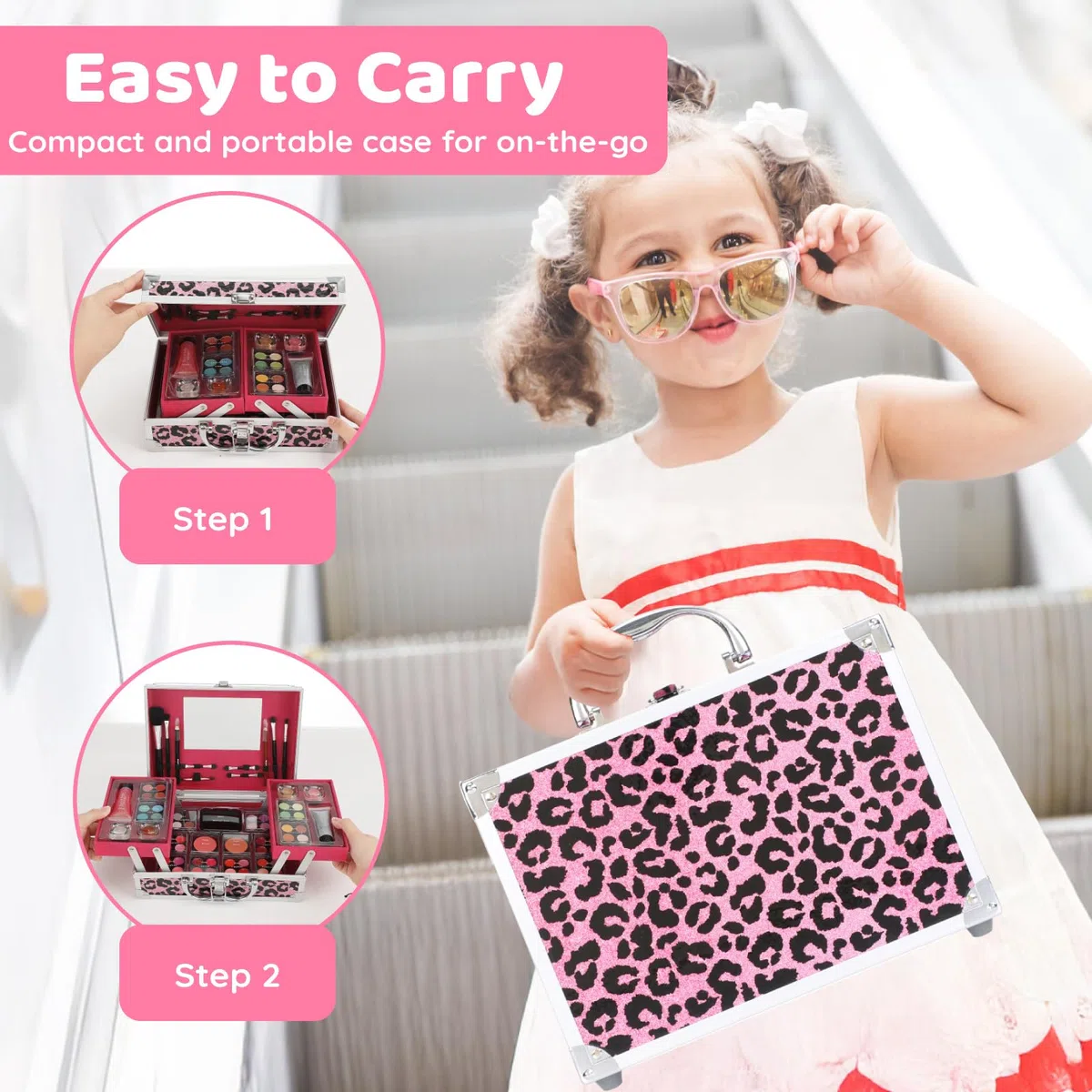 Anpro Estuche de Maquillaje Todo en Uno con Diseño Leopardo, Incluye Set de Maquillaje Profesional para Adolescentes, Pinceles, Paleta de Sombras, Regalo Ideal para Niñas - Rosa Leopardo