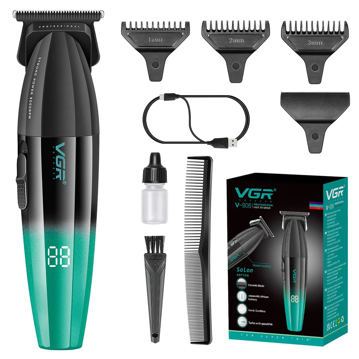 VGR 906 Fresh Fade - Cortadora de pelo profesional, 9000 rpm, sin huecos, para hombres, cortadora de pelo inalámbrica DLC T-Blade para barberos y recargable por USB, verde