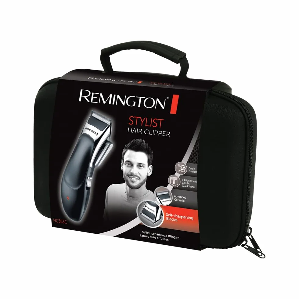 Remington Máquina de Cortar Pelo Stylist, Cortapelos con Cable e Inalámbrico, Cuchillas de Cerámica Avanzada, 8 Peines, 40 min Autonomía, Palanca Selección Longitud, Maletín y 5 Accesorios - HC363C, unisex.