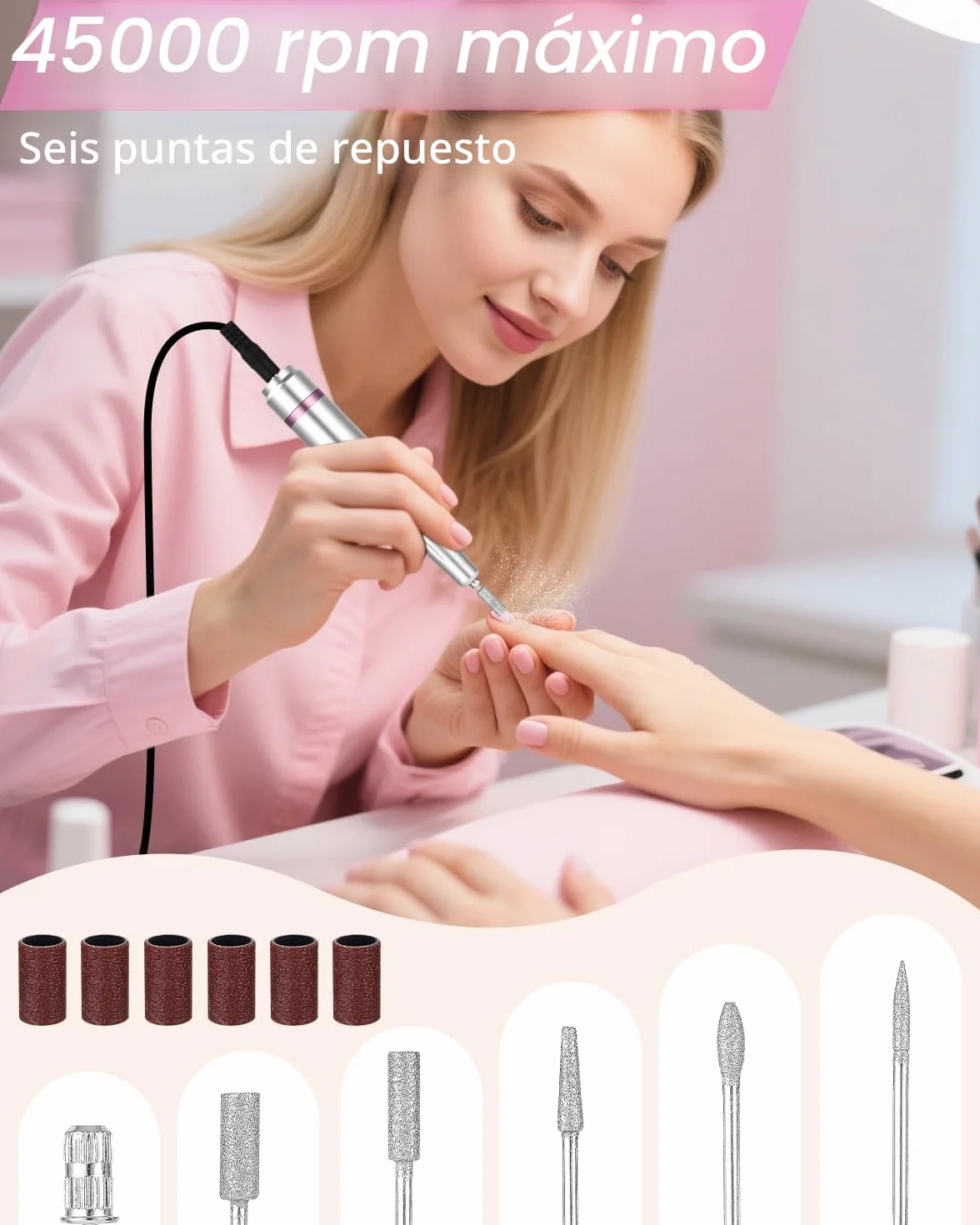 Torno para Uñas Profesional 45000 RPM,Torno de Uñas Inalambrico Pulidor Lima Electrica Uñas Portatil para Semipermanentes Acrilicas Manicura y Pedicura, Baja Vibración, Salón DIY