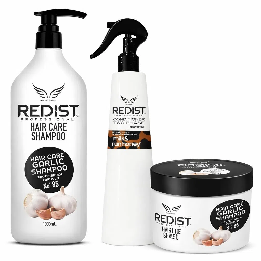 Redist Set de cuidado del cabello con ajo – Champú 1000 ml + Mascarilla 475 ml + 2 Fase Acondicionador 400 ml Milk & Honey | Fórmula anticaída y fortalecimiento | Para cabello seco y dañado