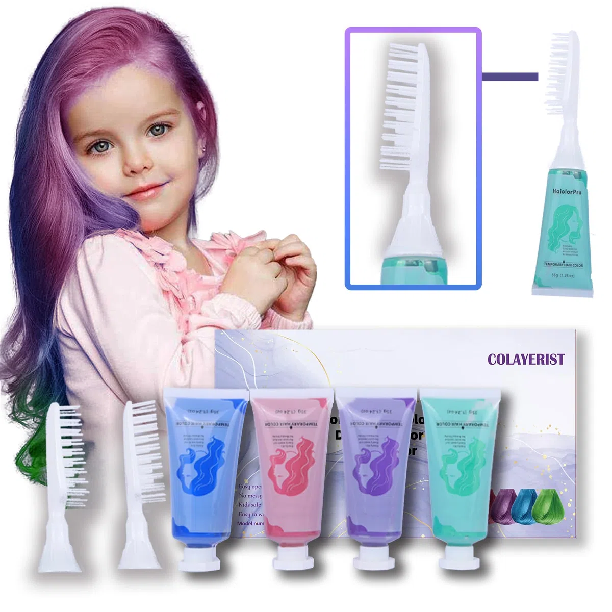 Cera de color para el cabello para niñas, 4 piezas de tinte temporal para el cabello en verde, azul, rosa, morado, kit de tiza lavable para niños y adultos, gran regalo para cumpleaños de