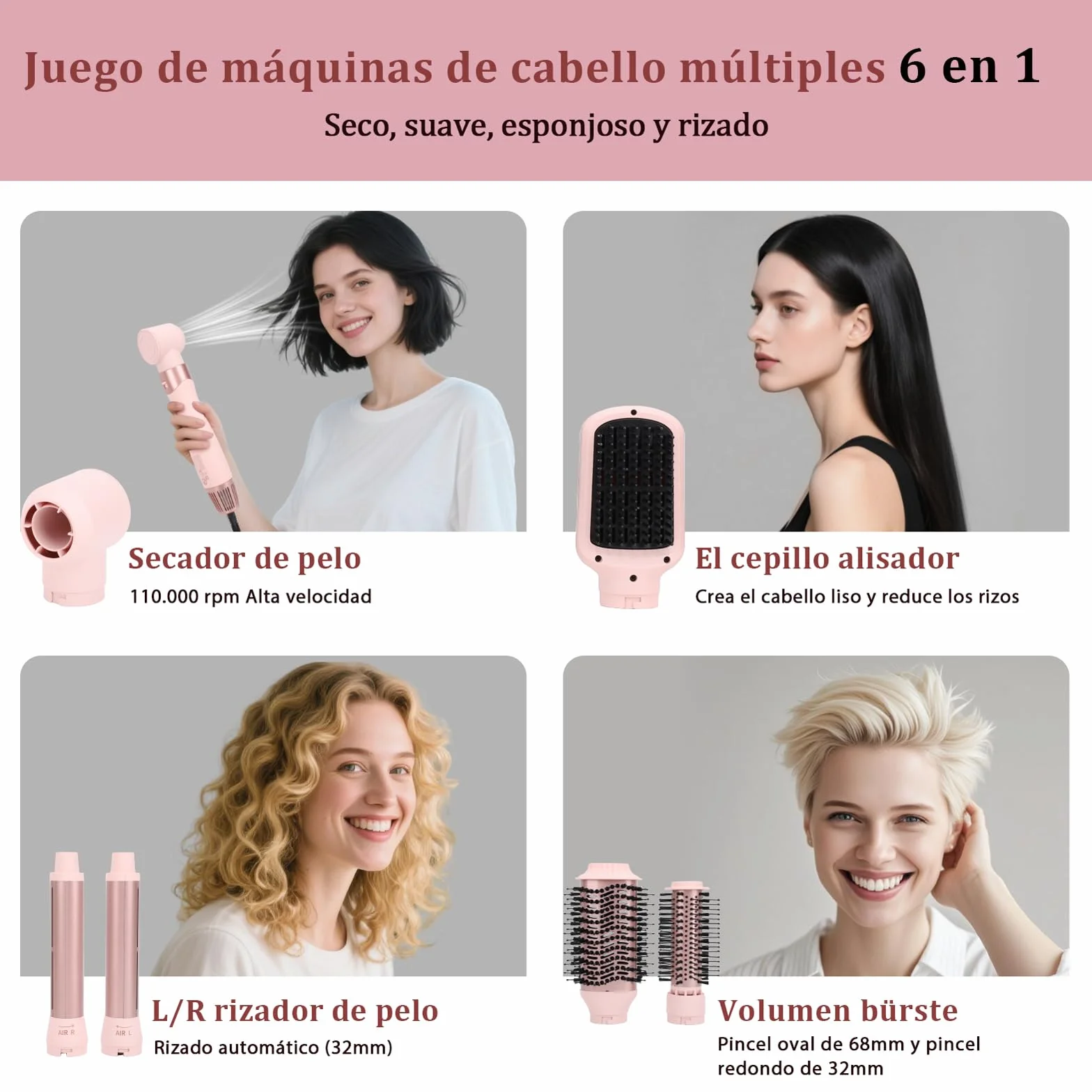 AraSyelon Multifunction Hair Styler 6 en 1 - Secador Profesional, Cepillo de Aire Caliente (25/32/48/68mm), Rizador Automático 32mm, Cepillo Alisador, 110,000 rpm, con Iones