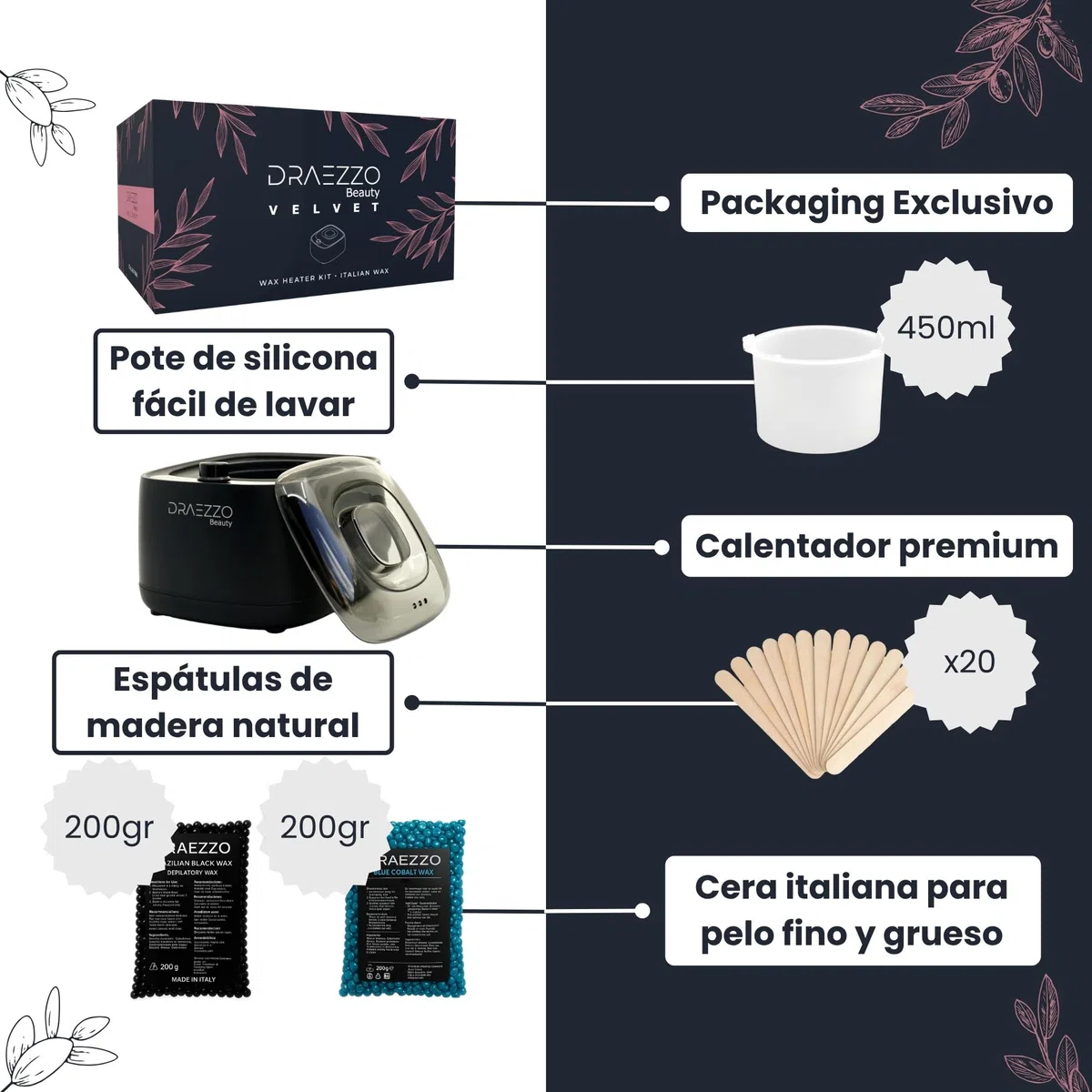 Draezzo Velvet - Calentador de Cera Depilatoria Profesional 450 ml - Kit con Maquina de Cera Caliente para Depilar + Cera Caliente Depilacion Italiana - It’s Time to Shine - Depiladora mujer