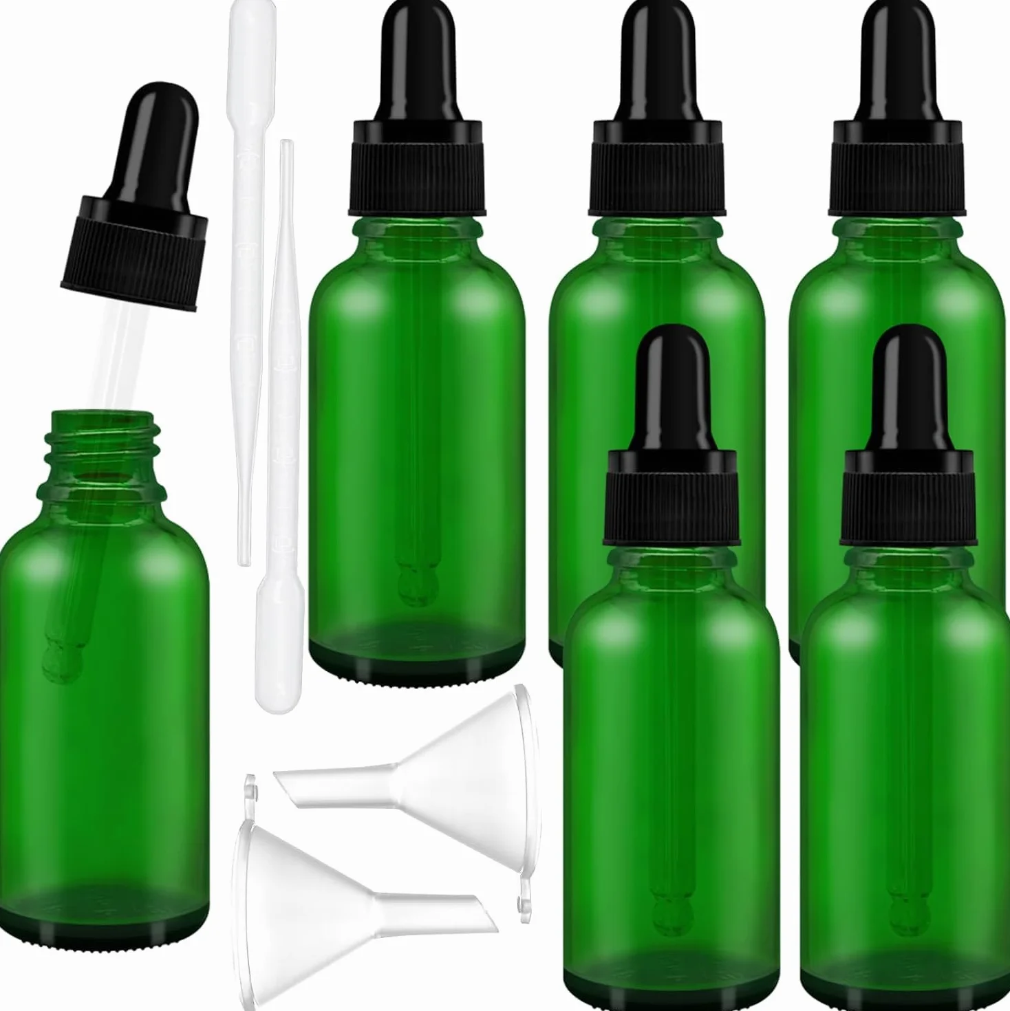 AMJKEJI 12 Piezas Frascos Cuentagotas 30 ml, Verde Cristal Botellas Cuentagotas con 2 Goteros y Embudos, Botellas Cuentagotas de Vidrio para Aceite Esencial, Fragancia, Aromaterapia, Laboratorio